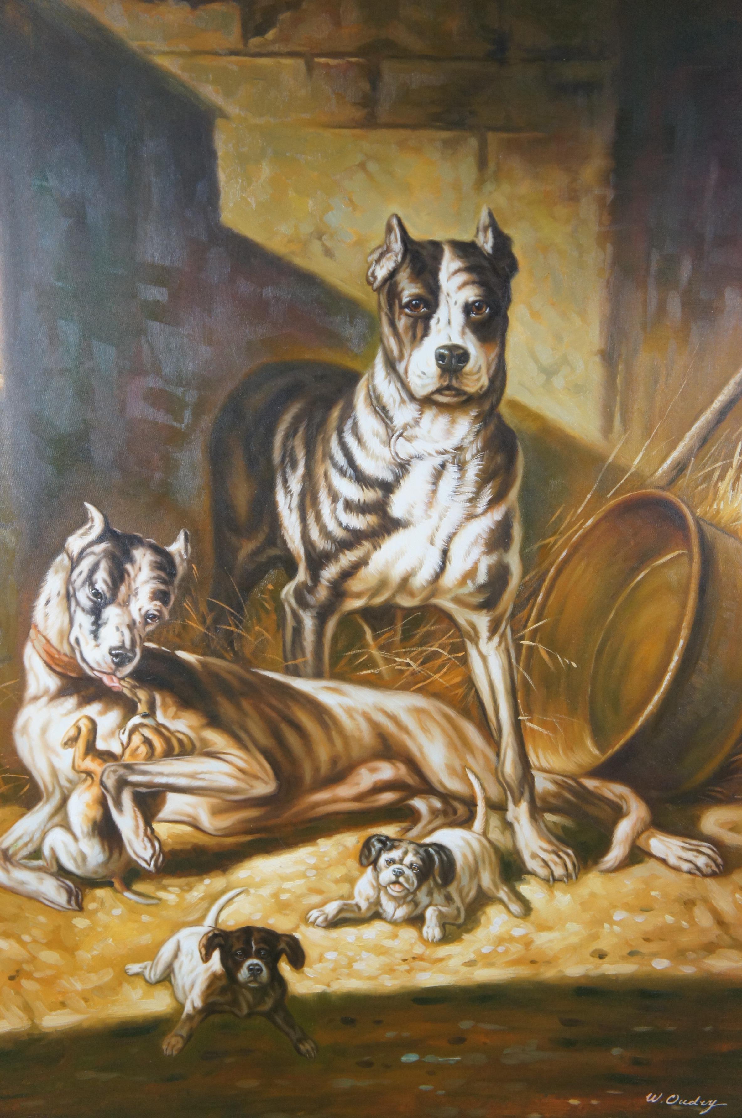 20th Century W Oudry English Bulldog Dog Family Portrait Oil Painting on Canvas 51