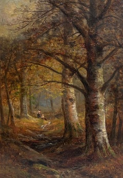 Signed Victorian Oil Painting Gathering Firewood Autumn Woodland Pathway