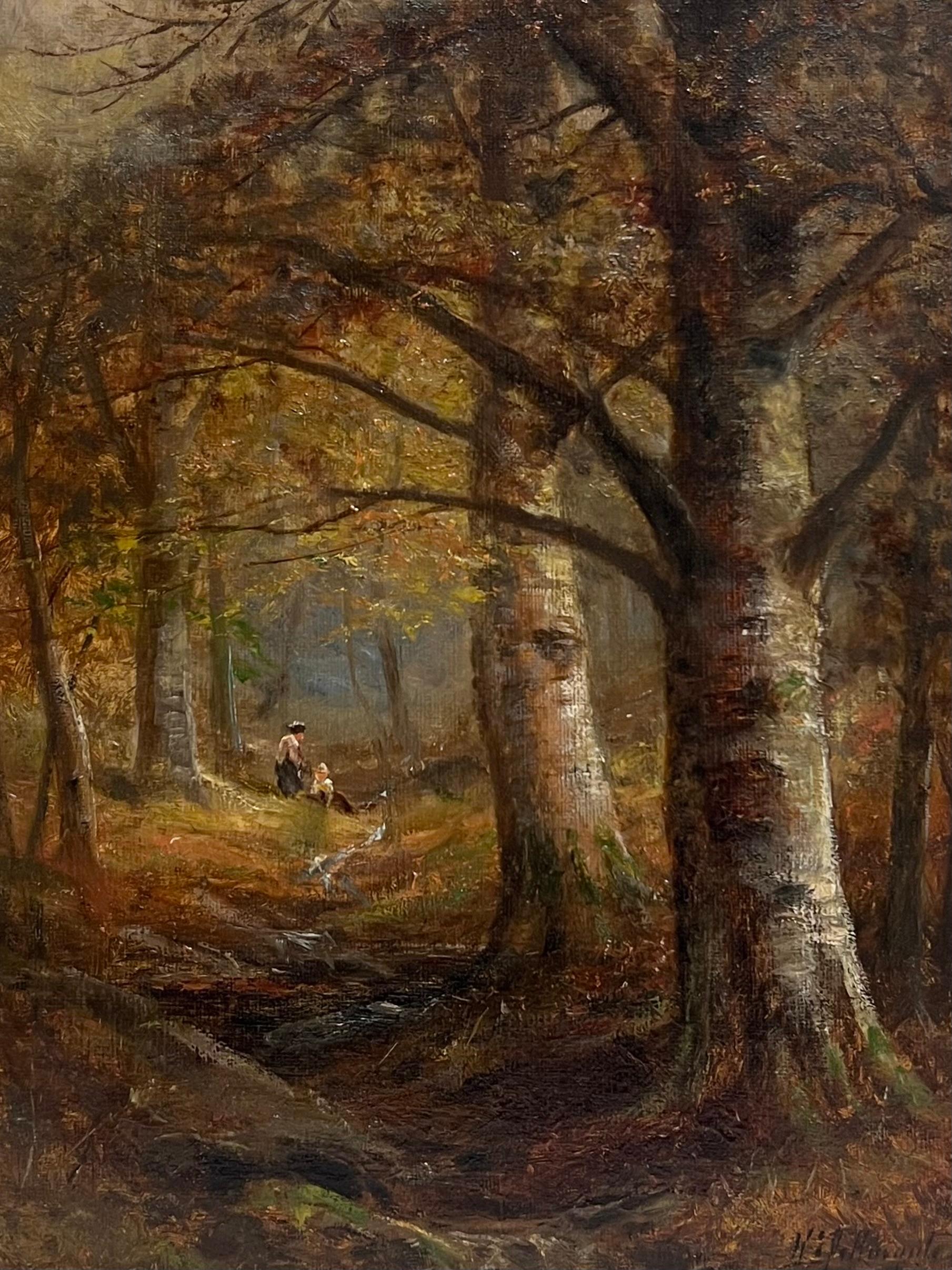 Signierte viktorianische Ölgemälde Sammeln von Brennholz Herbst Woodland Pathway (Viktorianisch), Painting, von W Pettingale (19th century)
