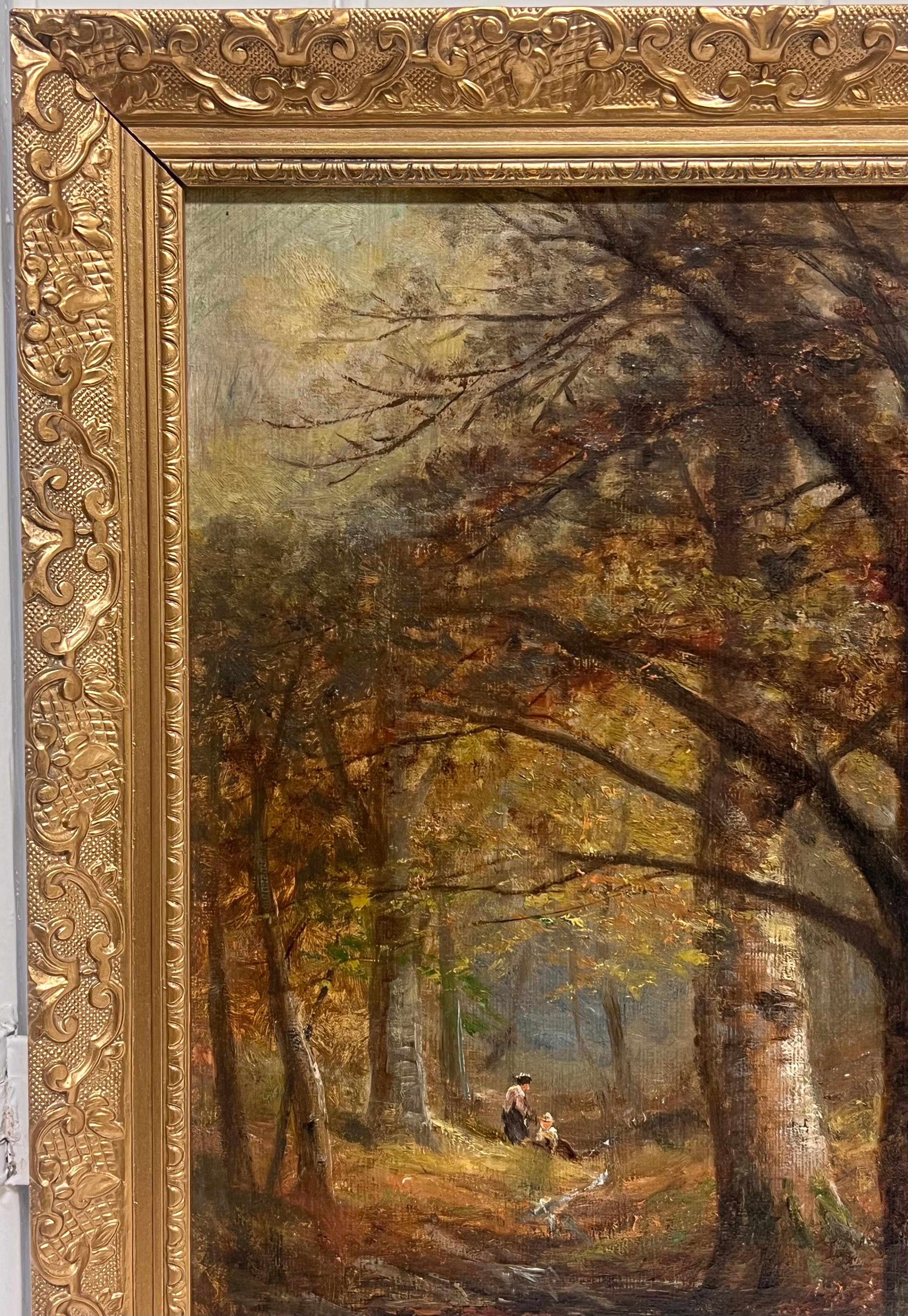 Signierte viktorianische Ölgemälde Sammeln von Brennholz Herbst Woodland Pathway (Braun), Figurative Painting, von W Pettingale (19th century)