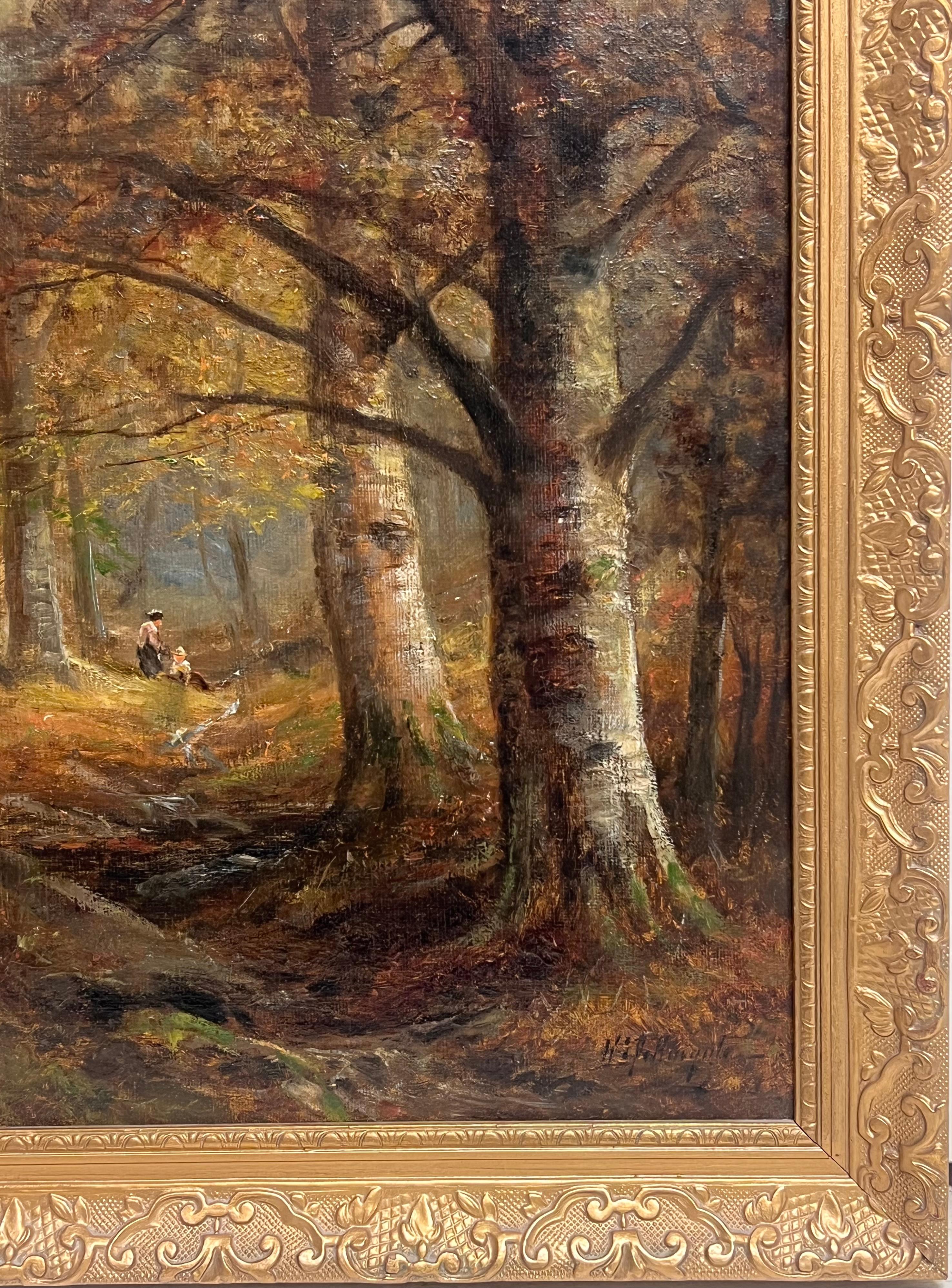 Signierte viktorianische Ölgemälde Sammeln von Brennholz Herbst Woodland Pathway im Angebot 1