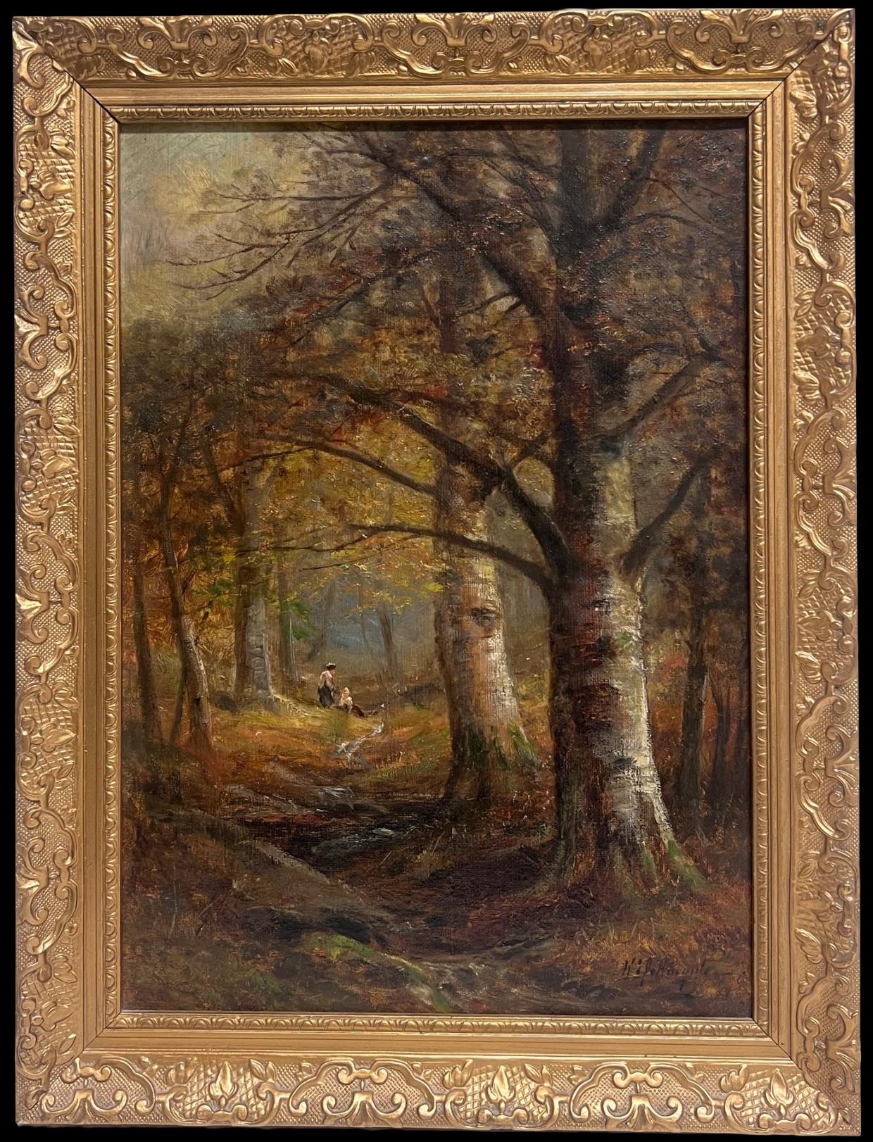 Peinture à l
huile victorienne signée Cueillette de bois de chauffage Sentier forestier d
automne