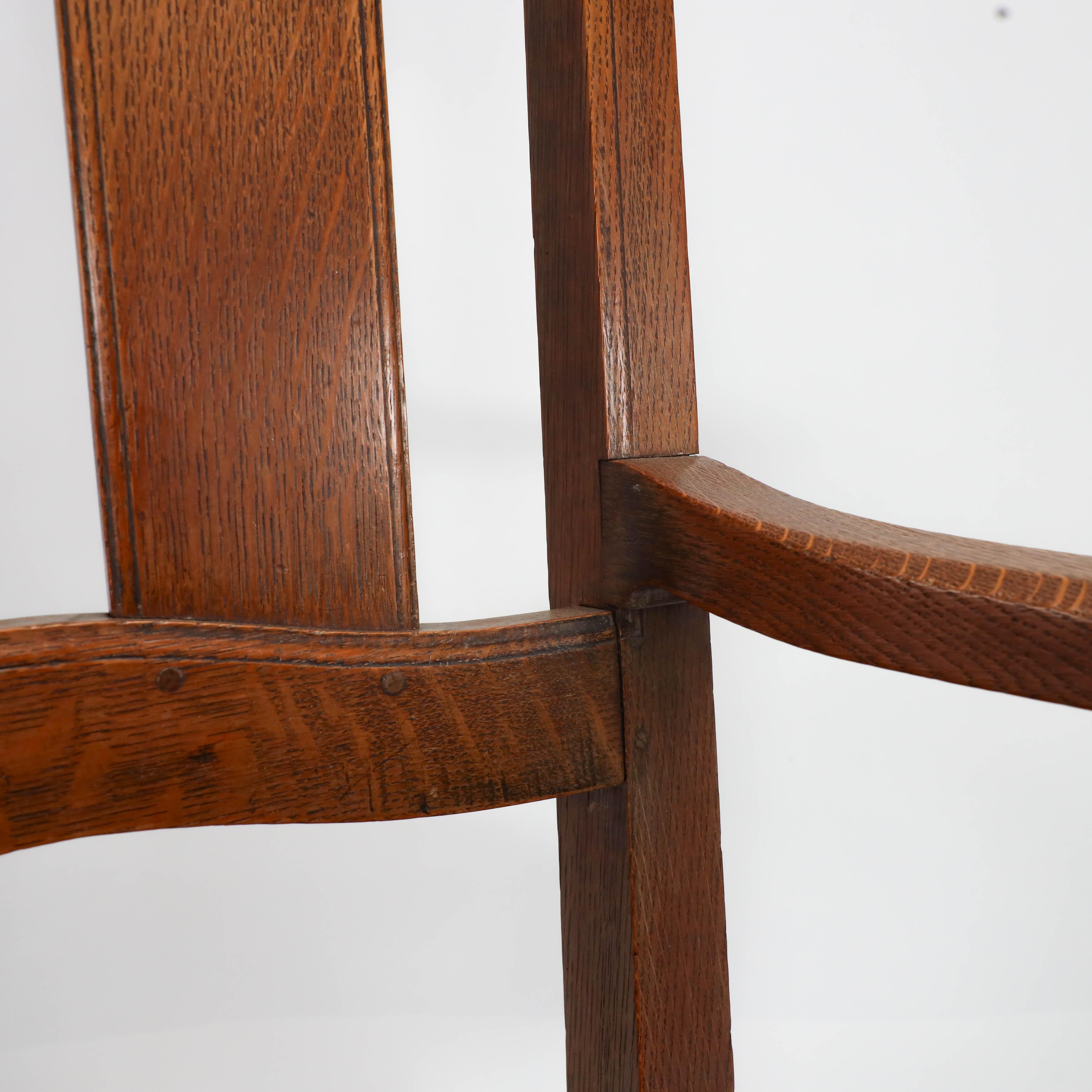 Oak W R Lethaby. A rare Arts & Crafts sculptured oak armchair with shaped arms For Sale
