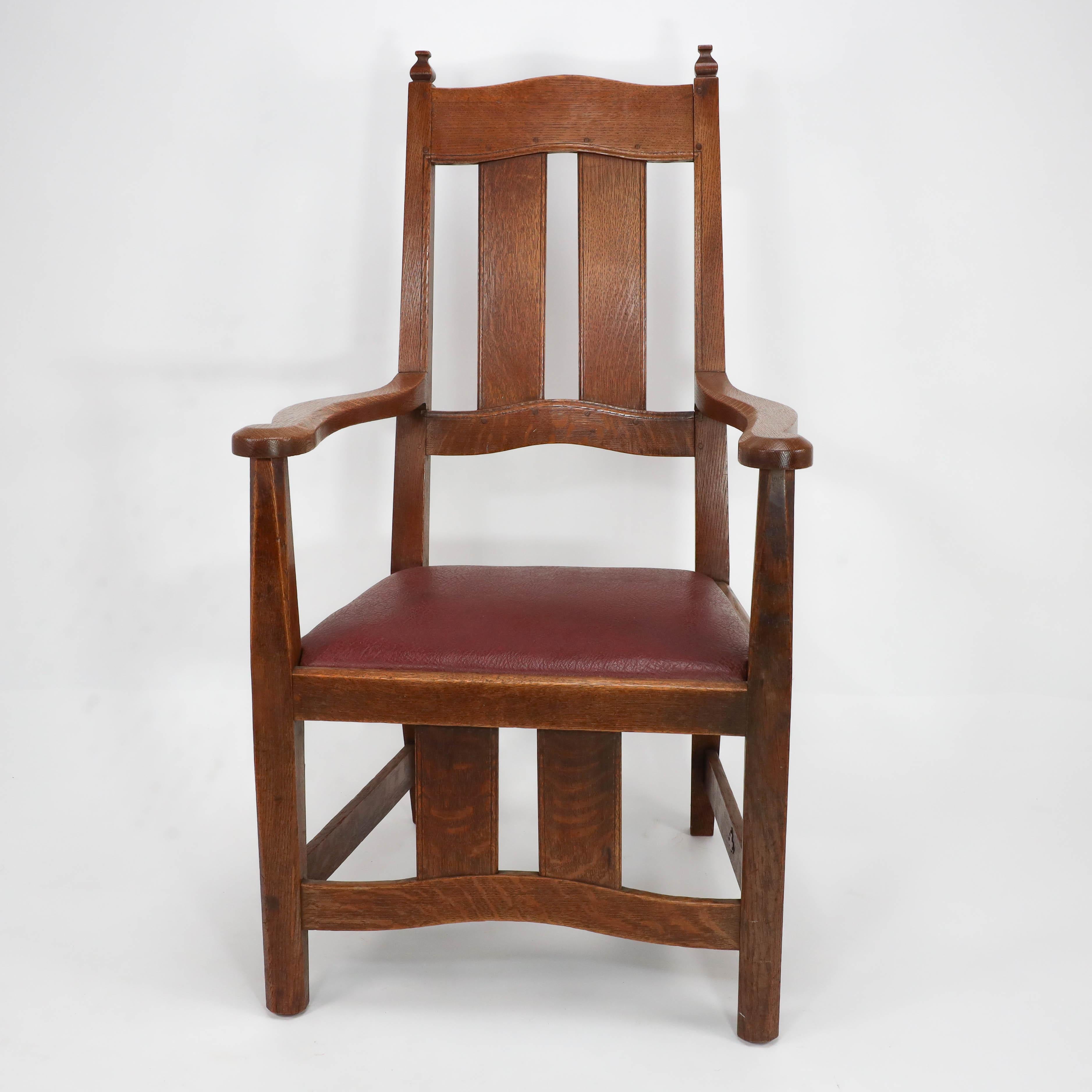 W R Lethaby. A Rare Arts & Crafts Sculptured oak armchair with shaped arms, shaped head rest and lower stretchers united by large plank uprights.
Lethaby was one of the most influential architectural historians of the nineteenth century. Working as