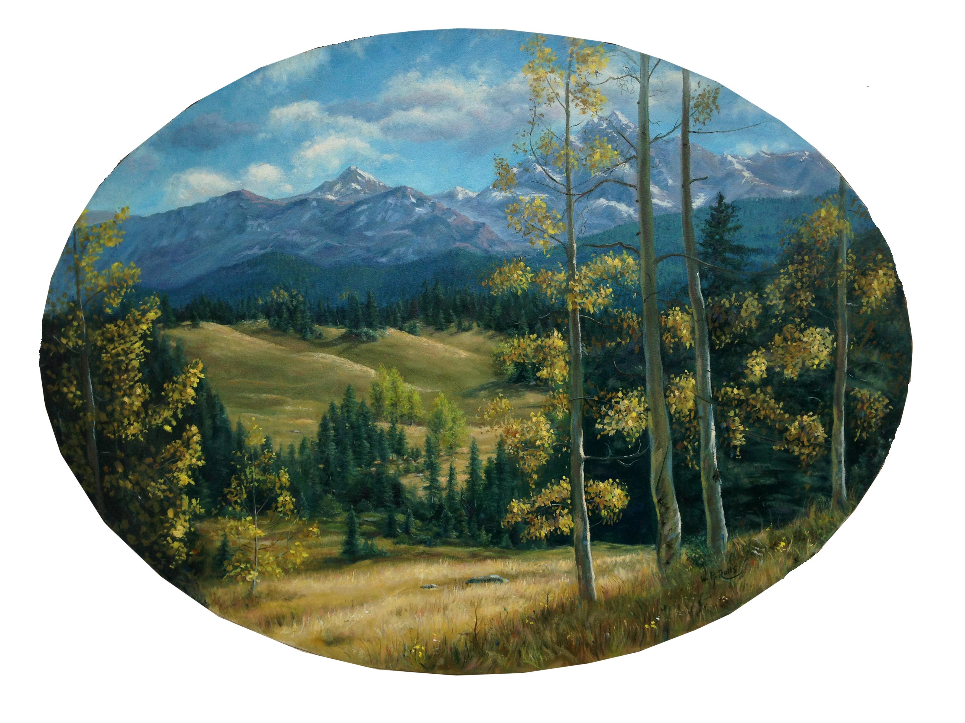 W. R. Rolls Landscape Painting - Sierra Mountains in Autumn - Landscape in Oil on Oval Canvas