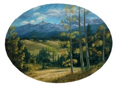 Sierra Mountains in Herbst – Landschaft in Öl auf ovaler Leinwand