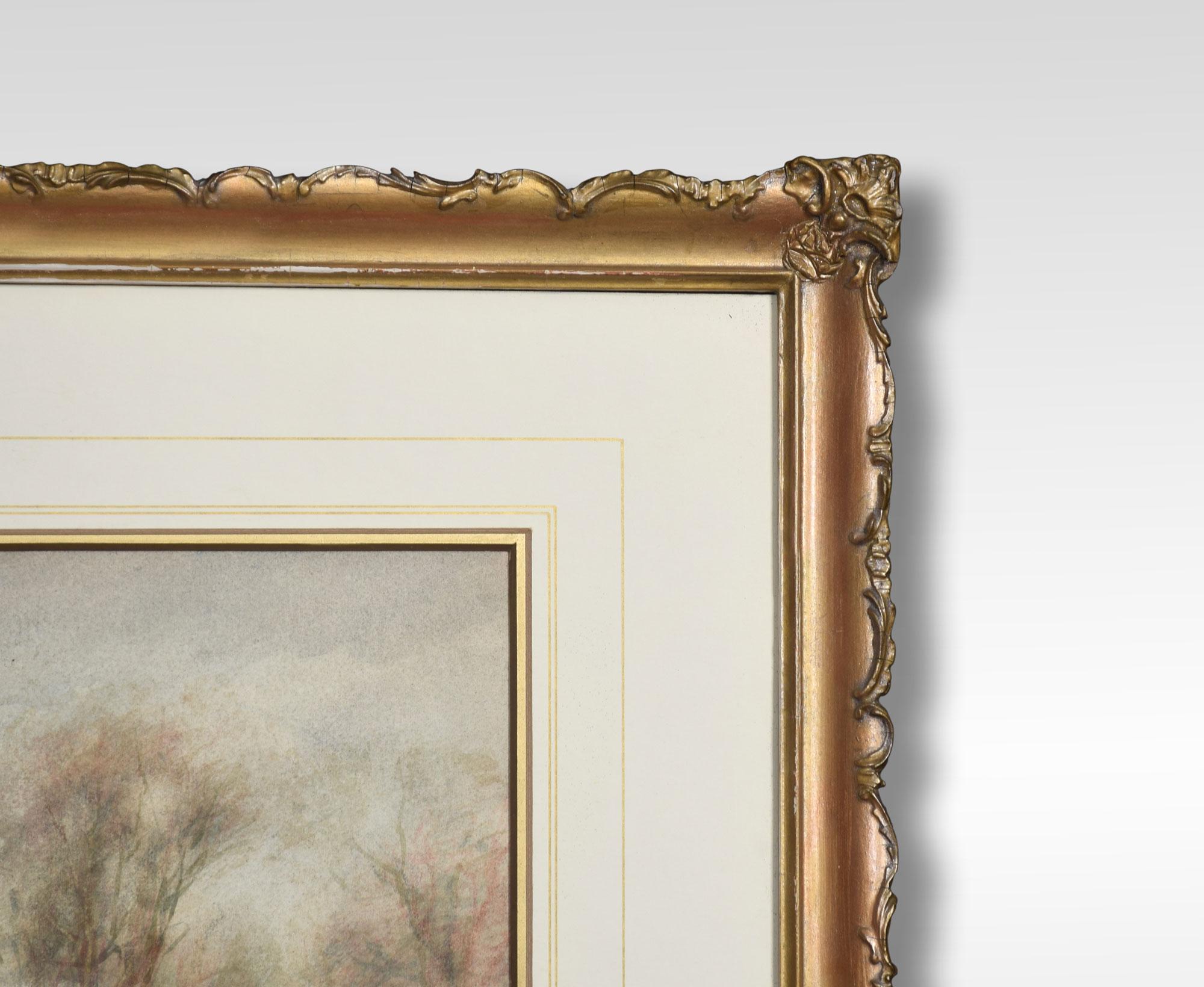 W Ramsey watercolor depicting a Shepard hearing up his flock. Incased in a gilded frame.
Dimensions:
Height 21 Inches
Width 27 Inches
Depth 1.5 Inches.