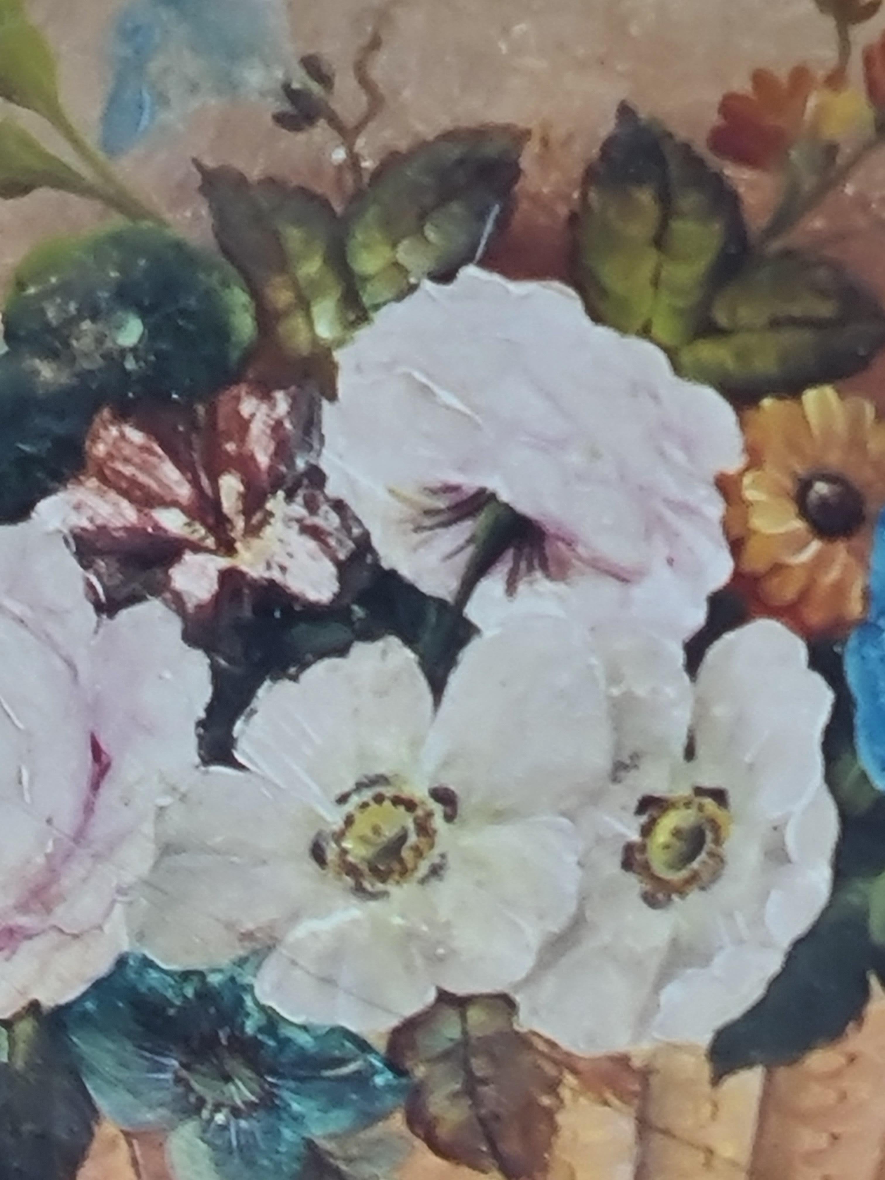 Plaque peinte à la main, Longpark, Torquay, panier de fleurs - Marron Still-Life Painting par W Rayworth