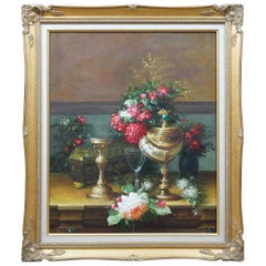 W. Right Still Life Oil Painting on Canvas Altar Table Lantern Flowers Framed