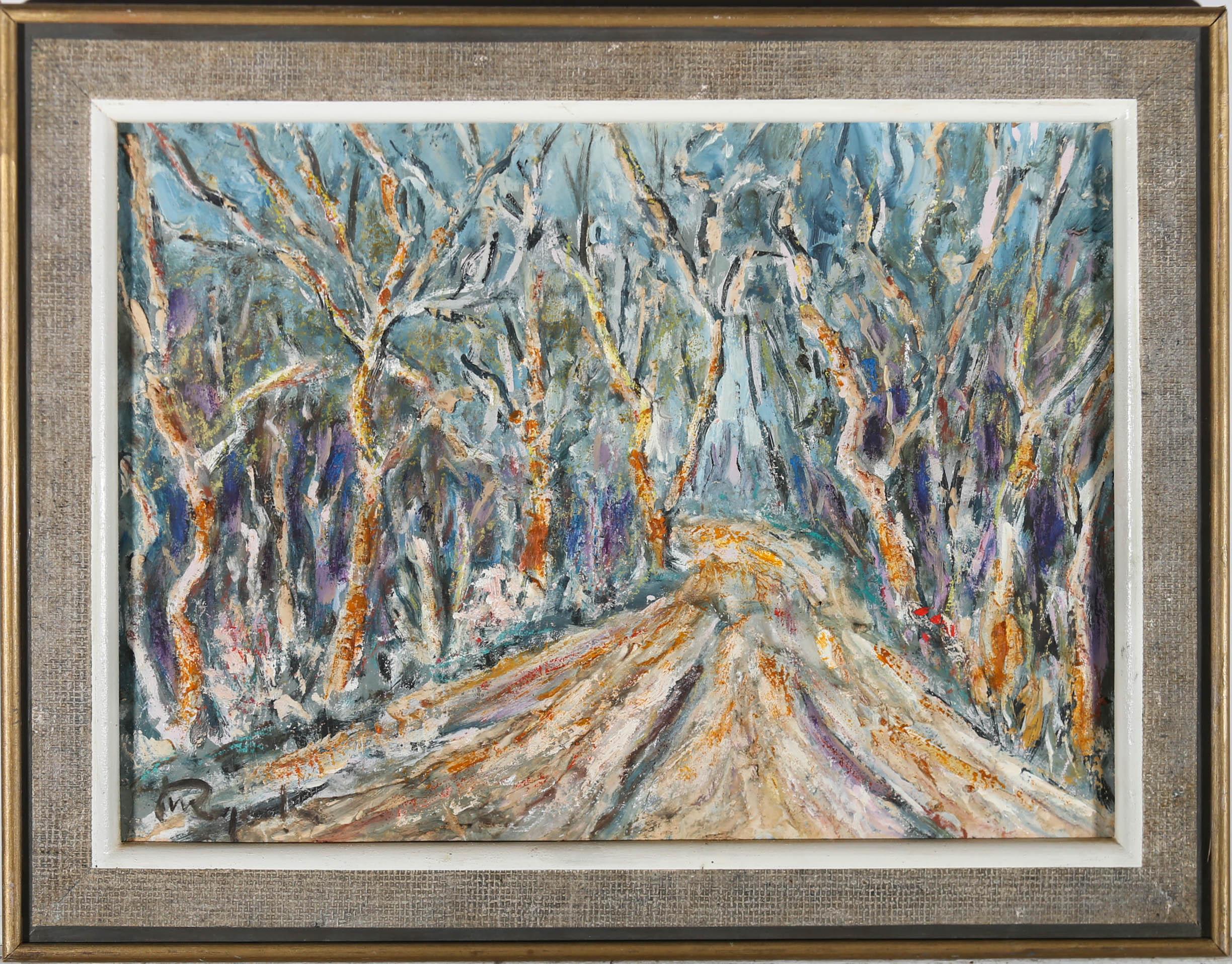 This expressive study captures a winding road lined with trees. The artist captures the bare branches of the winter trees in an expressive colour palette and using an impasto technique as they wind through the composition. Signed with a monogram to