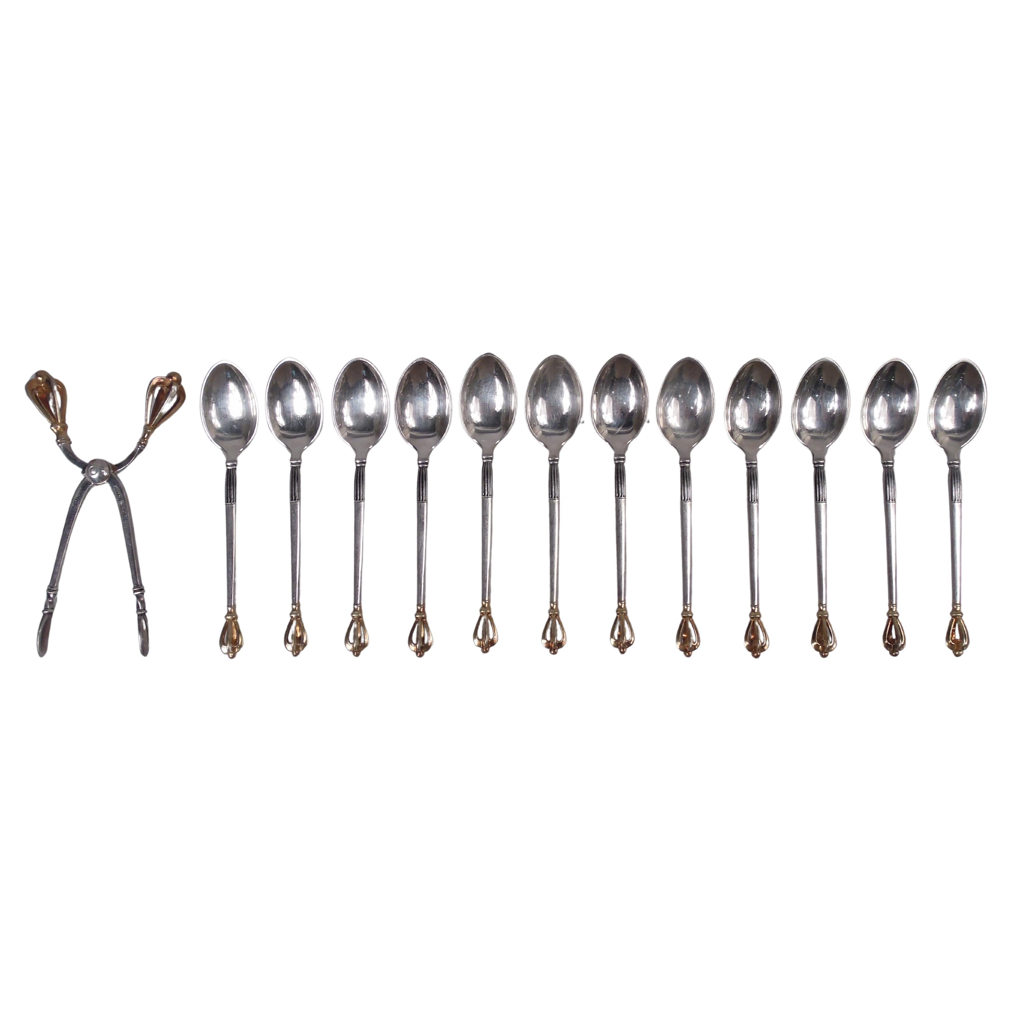 W & S Sorensen Golden Crown Demitasse Spoons & Sugar Nips For Sale