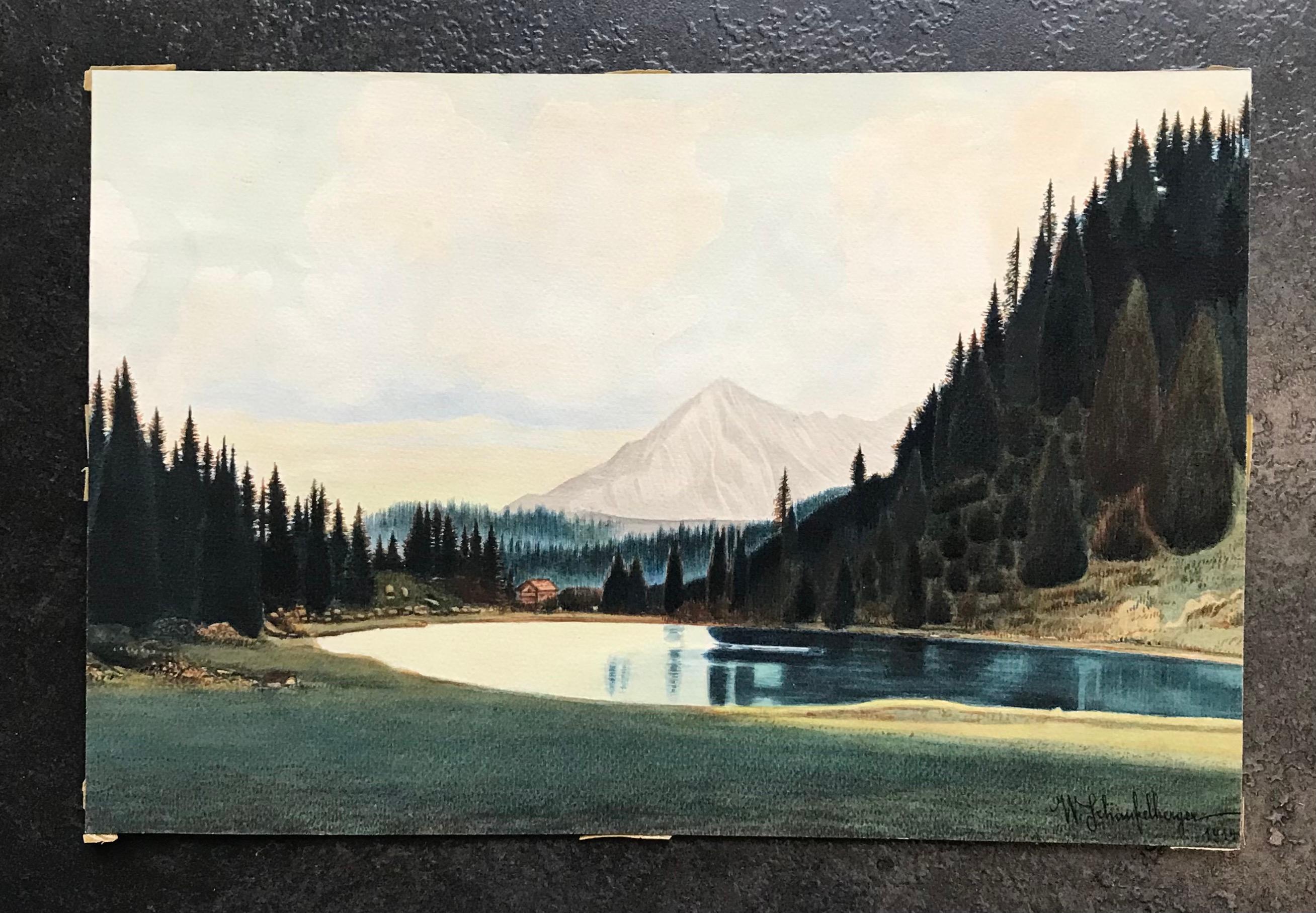 Mountain lake by Schaufelberger - Oil on paper 24x36 cm - Painting by W. Schaufelberger