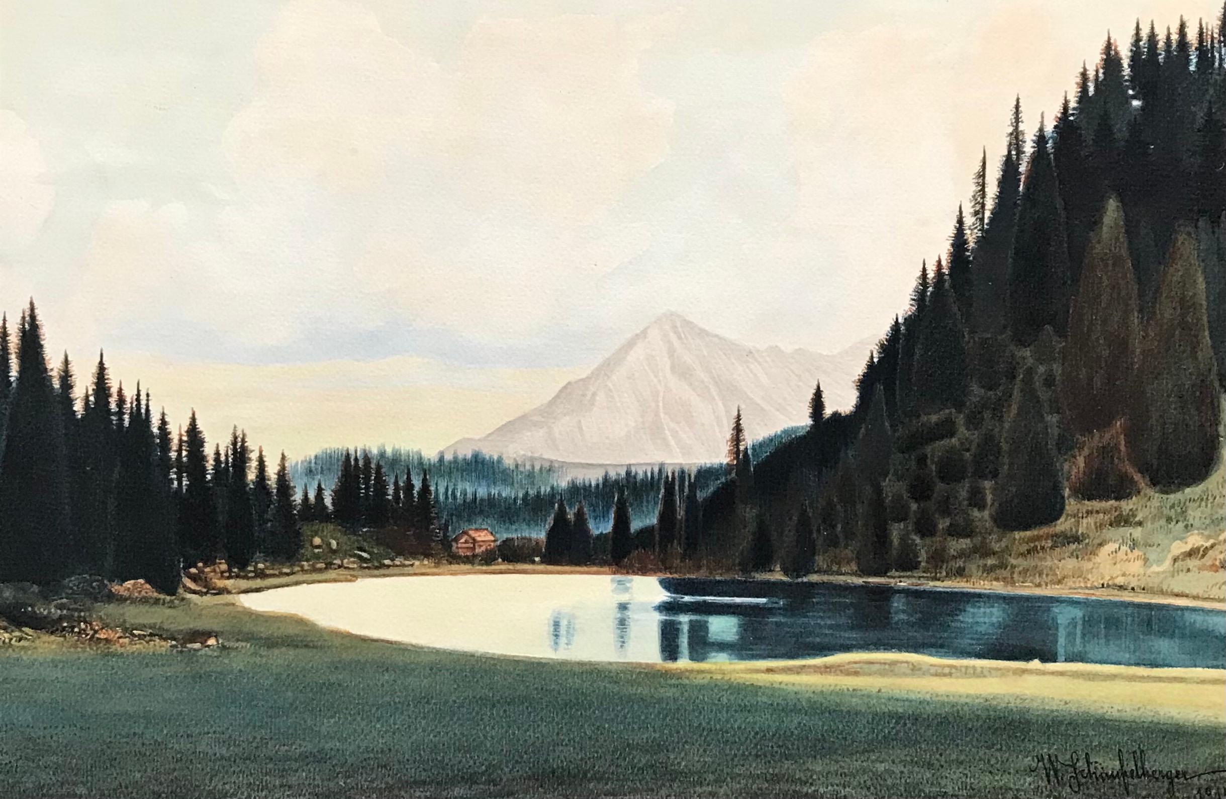 W. Schaufelberger Landscape Painting - Mountain lake by Schaufelberger - Oil on paper 24x36 cm