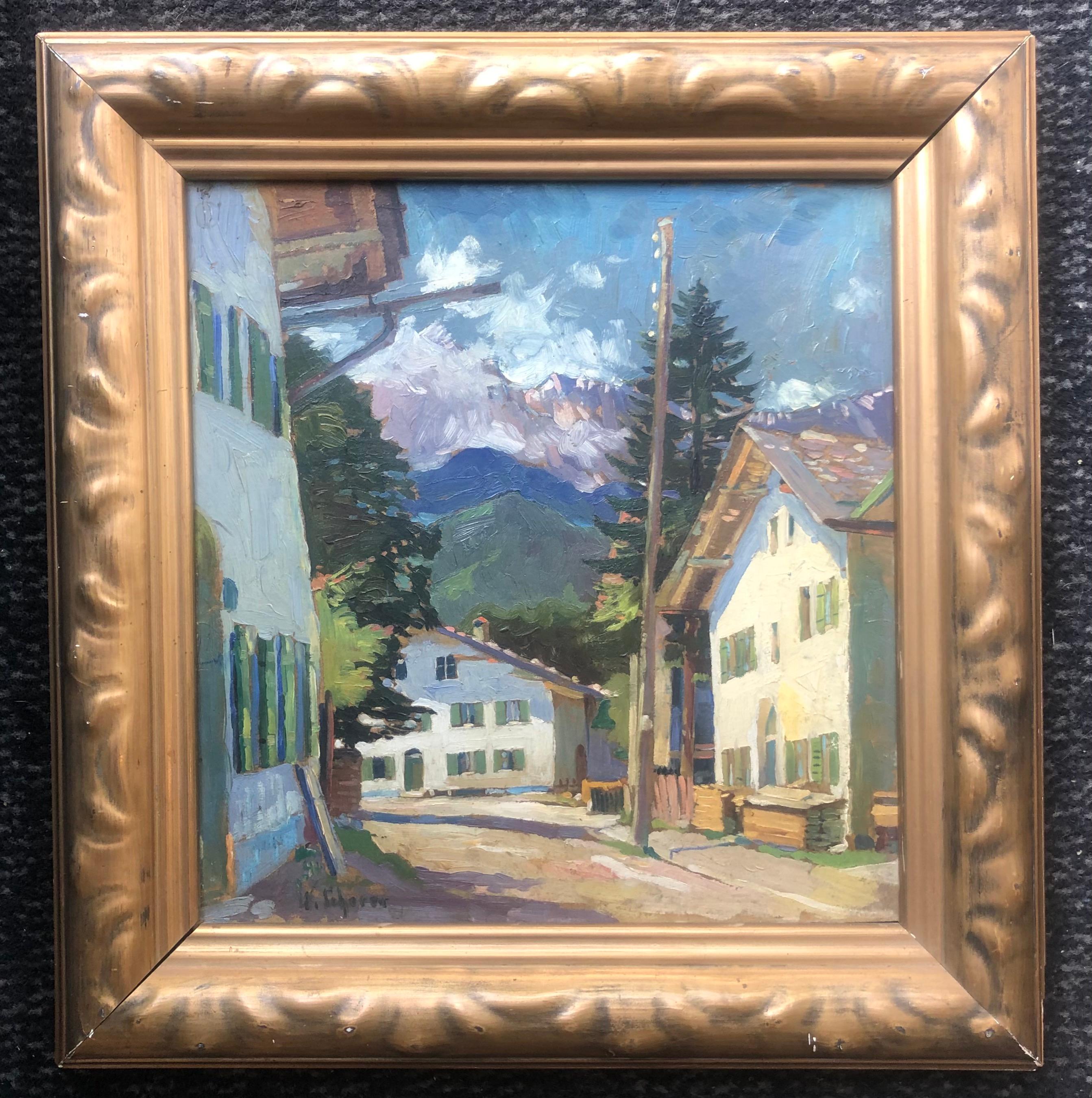 Das Dorf in den Alpen (Grau), Landscape Painting, von W. Scherer