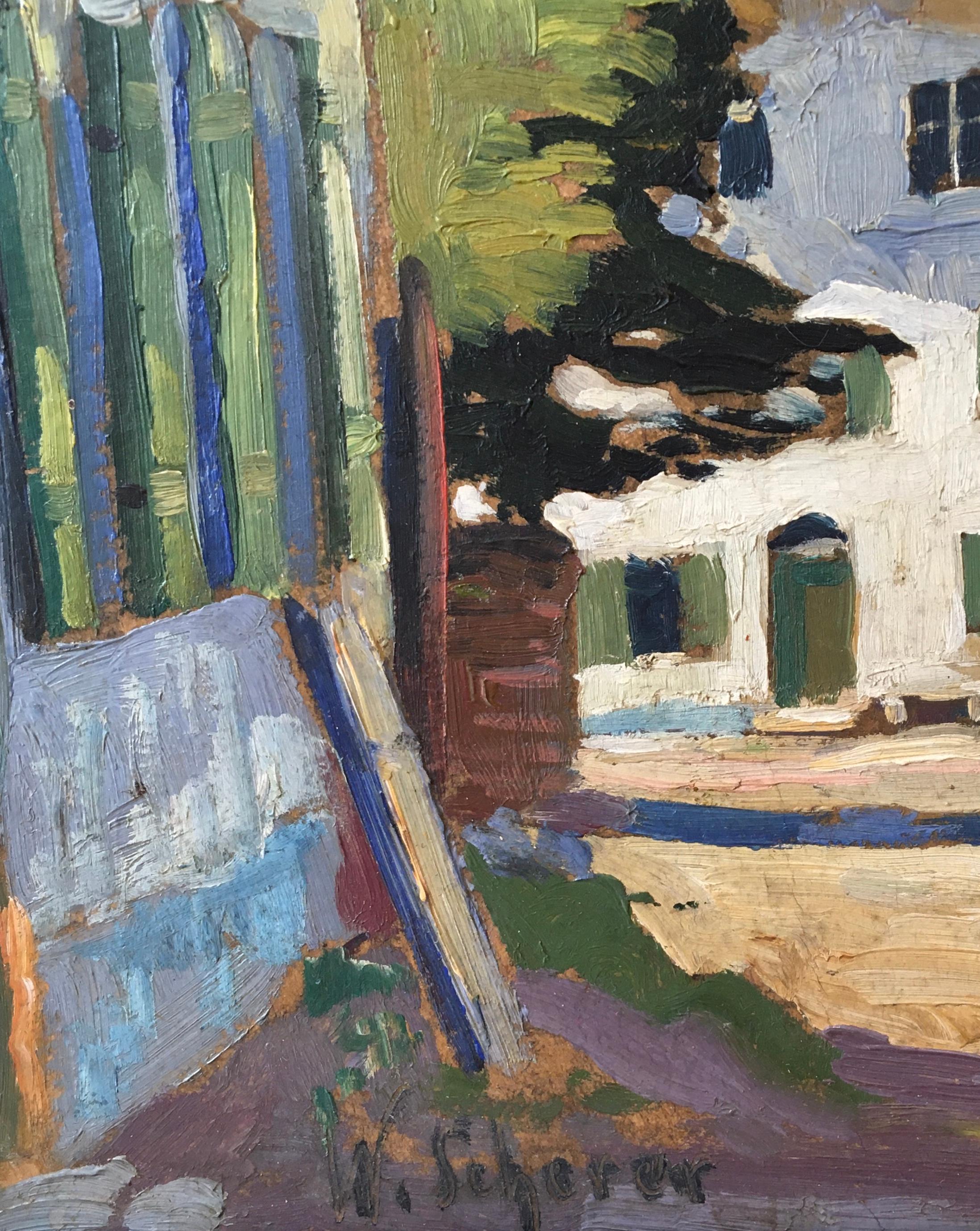 Arbeiten auf Karton
Mit Rahmen: 50,5 x 48,5 x 4 cm 
Dieses Werk ist eine eindrucksvolle Darstellung eines Alpendorfs, das in weiches, natürliches Licht getaucht ist. Die traditionellen Häuser mit ihren grünen Fensterläden stehen stolz unter einem