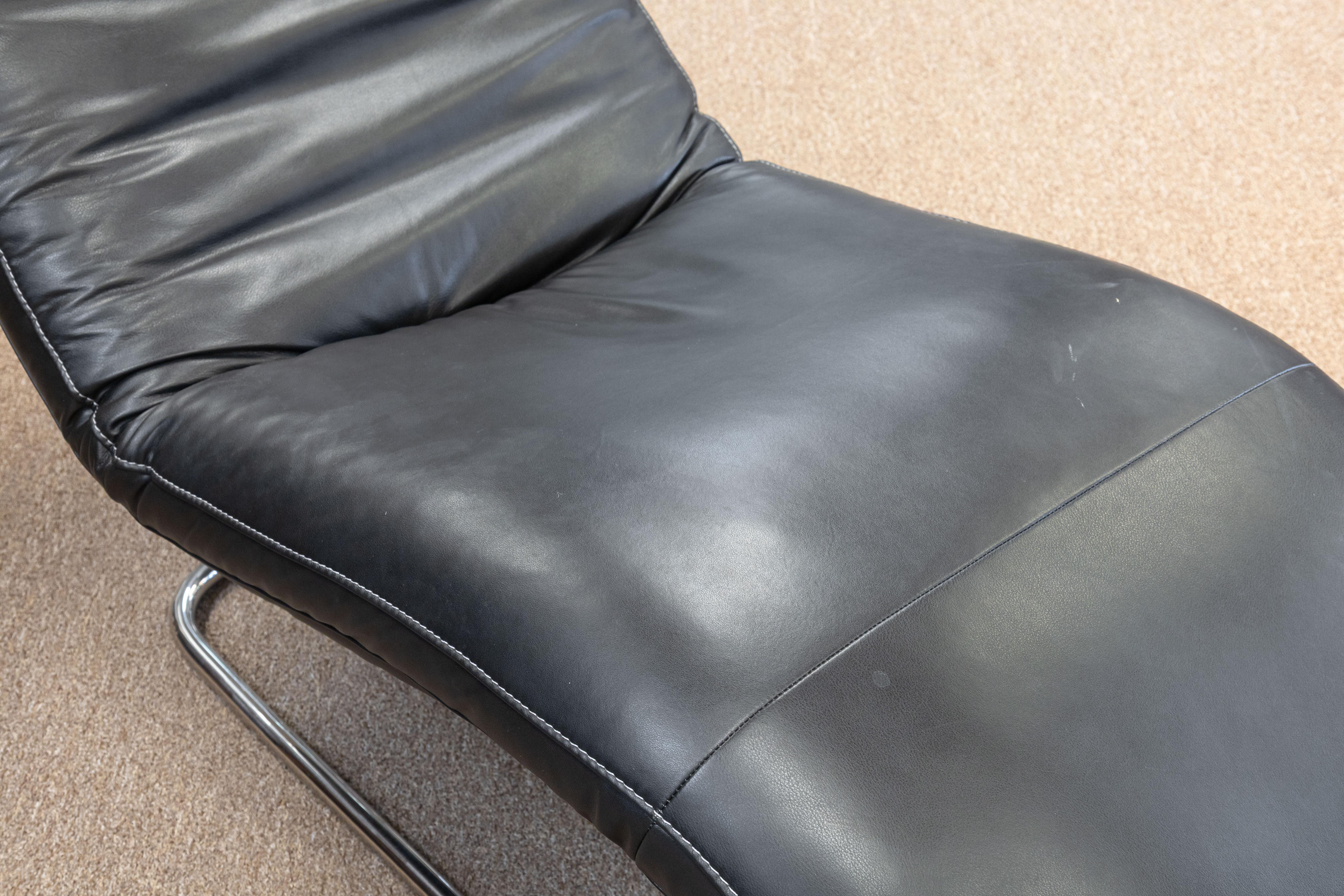 Modern W. Schillig Daily Dreams Black Leather & Chrome Cantilever Chaise Lounge Chair For Sale