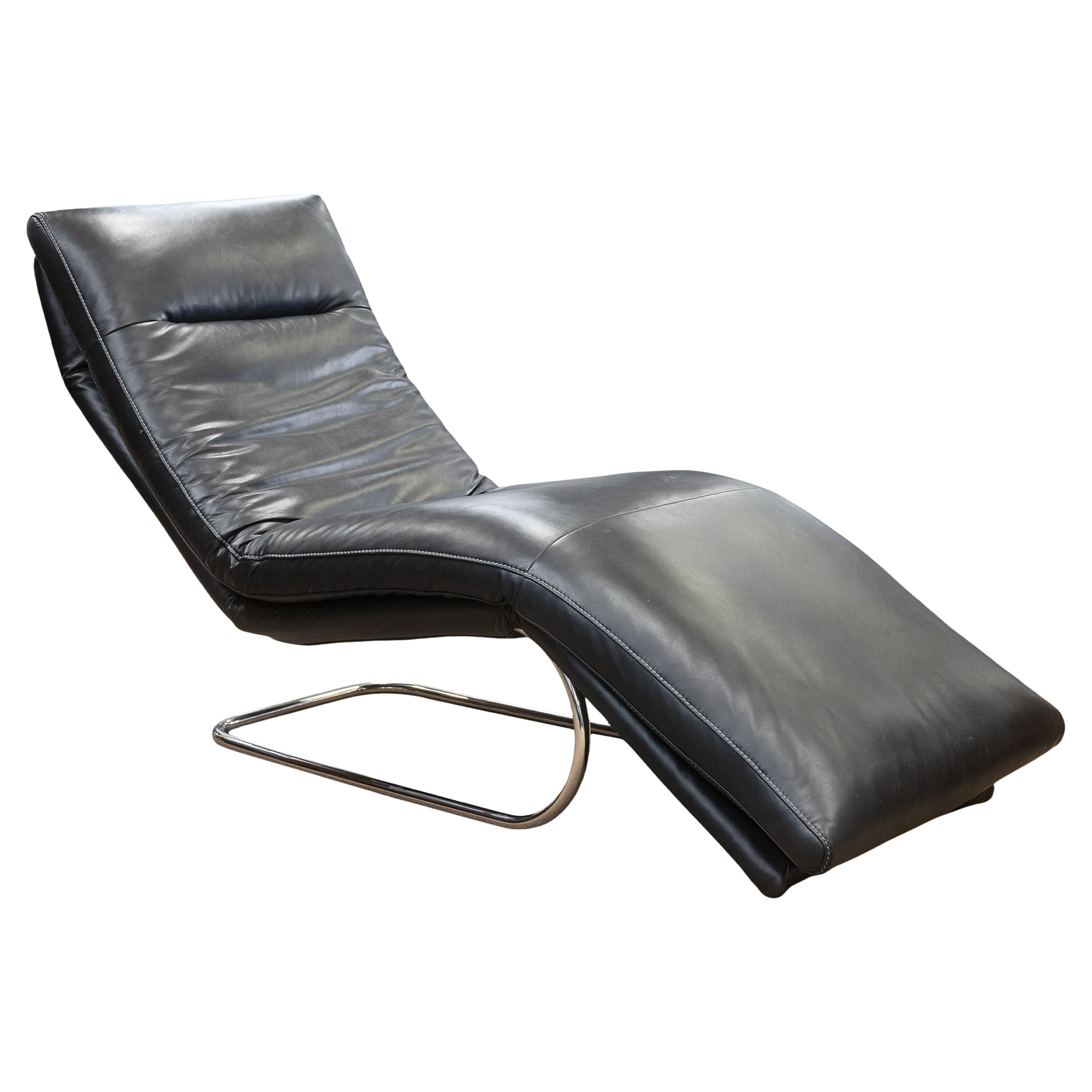 W. Schillig Daily Dreams Black Leather & Chrome Cantilever Chaise Lounge Chair For Sale