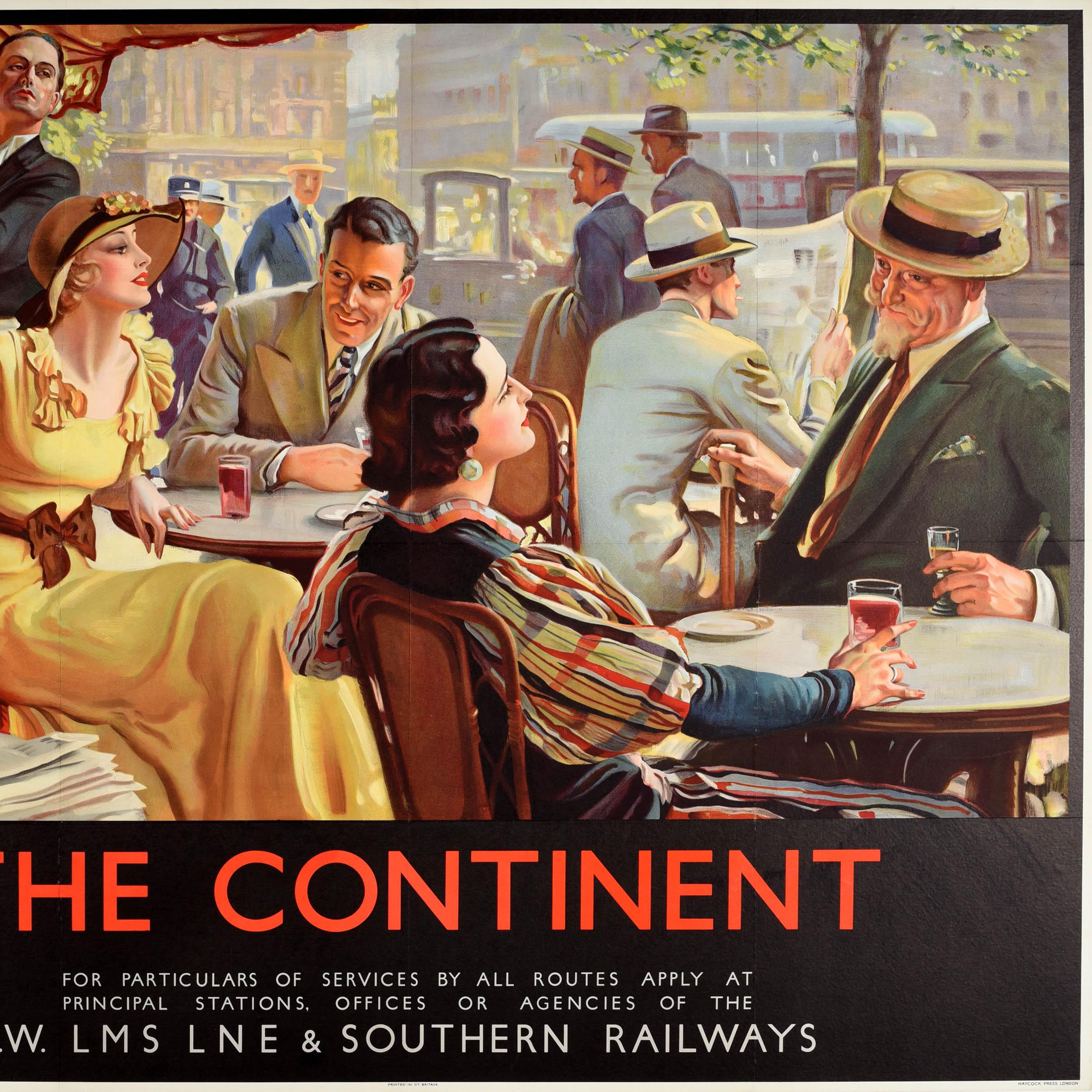 Original vintage Art Deco travel poster - The Continent - issued by the Great Western Railway GWR, London Midland & Scottish Railway LMS, London & North Eastern Railway LNER and Southern Railway to promote their joint train and ferry services to