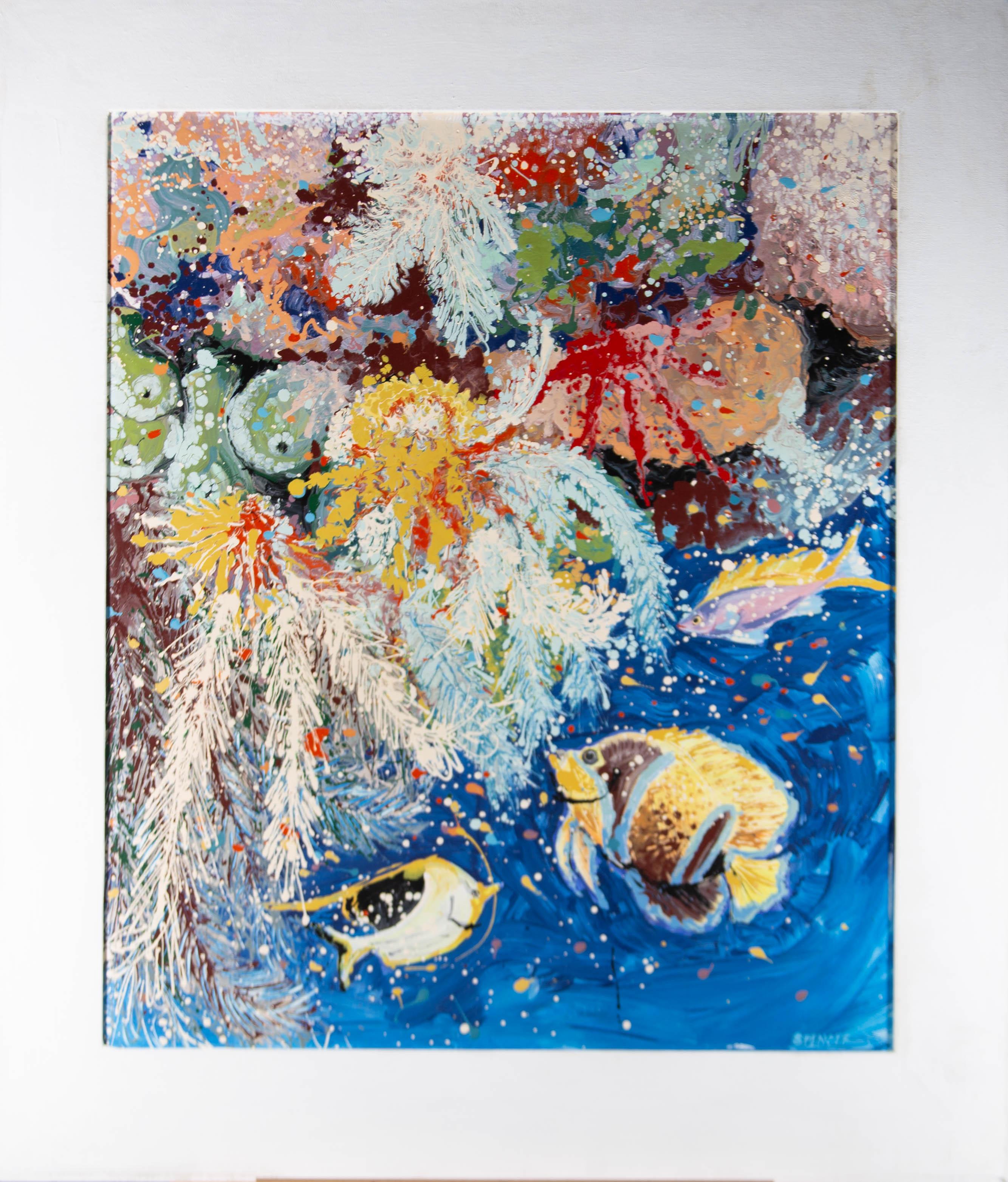 Die Emaillefarbe tanzt und wirbelt in einer Kakophonie von Farben und stellt eine Koralle dar, die vor Leben und Schönheit strotzt. Das Kunstwerk ist auf der Rückseite signiert und beschriftet und wird in einem weiß gekalkten Leinwandrahmen