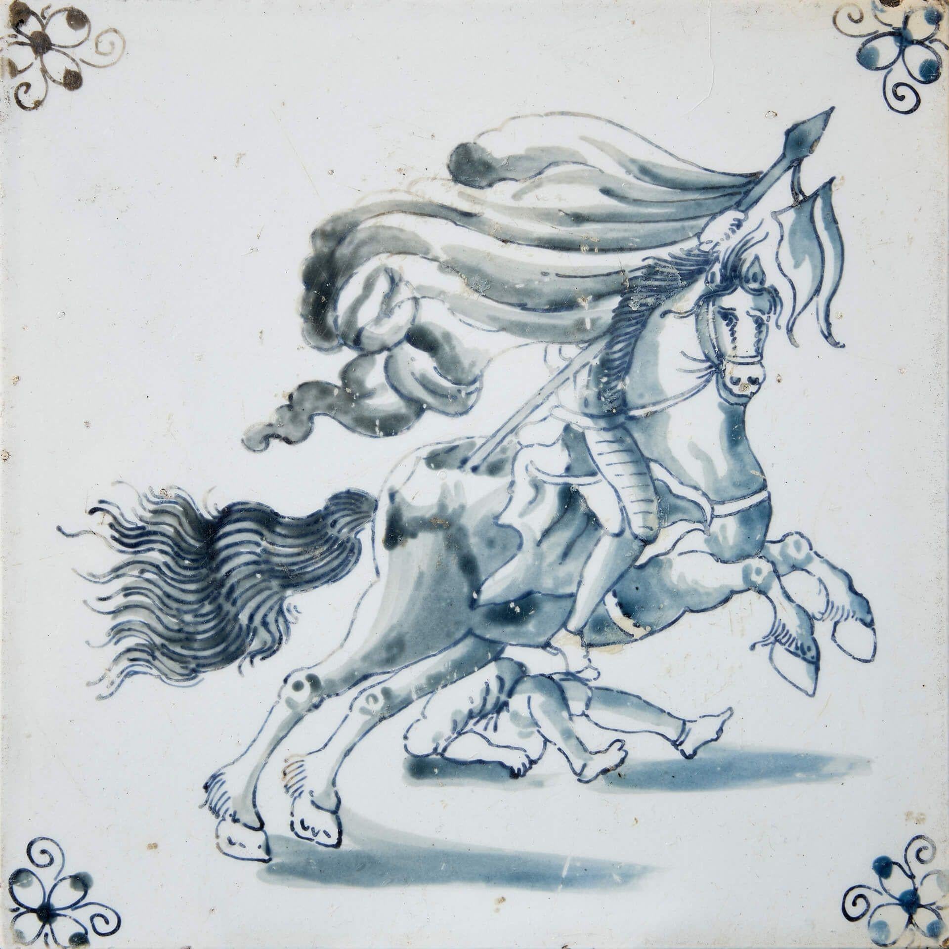 An antique 6-inch glazed tile by W. T. Copeland (stamped) depicting a handpainted blue-grey Delft style illustration of a Cavalier soldier on horseback.

Ex. British collection, this reclaimed tile is a stunning example of W. T. Copeland’s work,