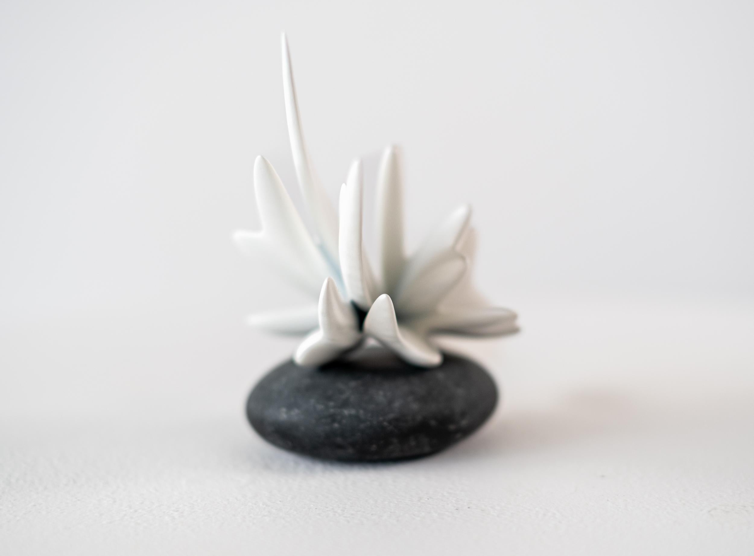 This abstract indoor sculpture was designed by W. W. Hung and made from resin.
The graceful organic white shape is designed to be reminiscent of fractal patterns found in nature. The Canadian sculptor used 3-D technology, manipulating mathematical