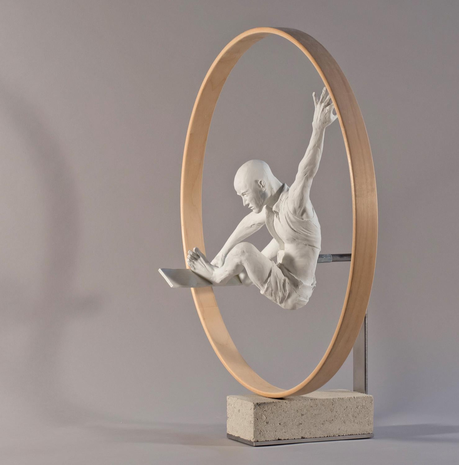 W.W. Hung Figurative Sculpture - Indy Grab - athletic male figurative sculpture performing a skateboard trick