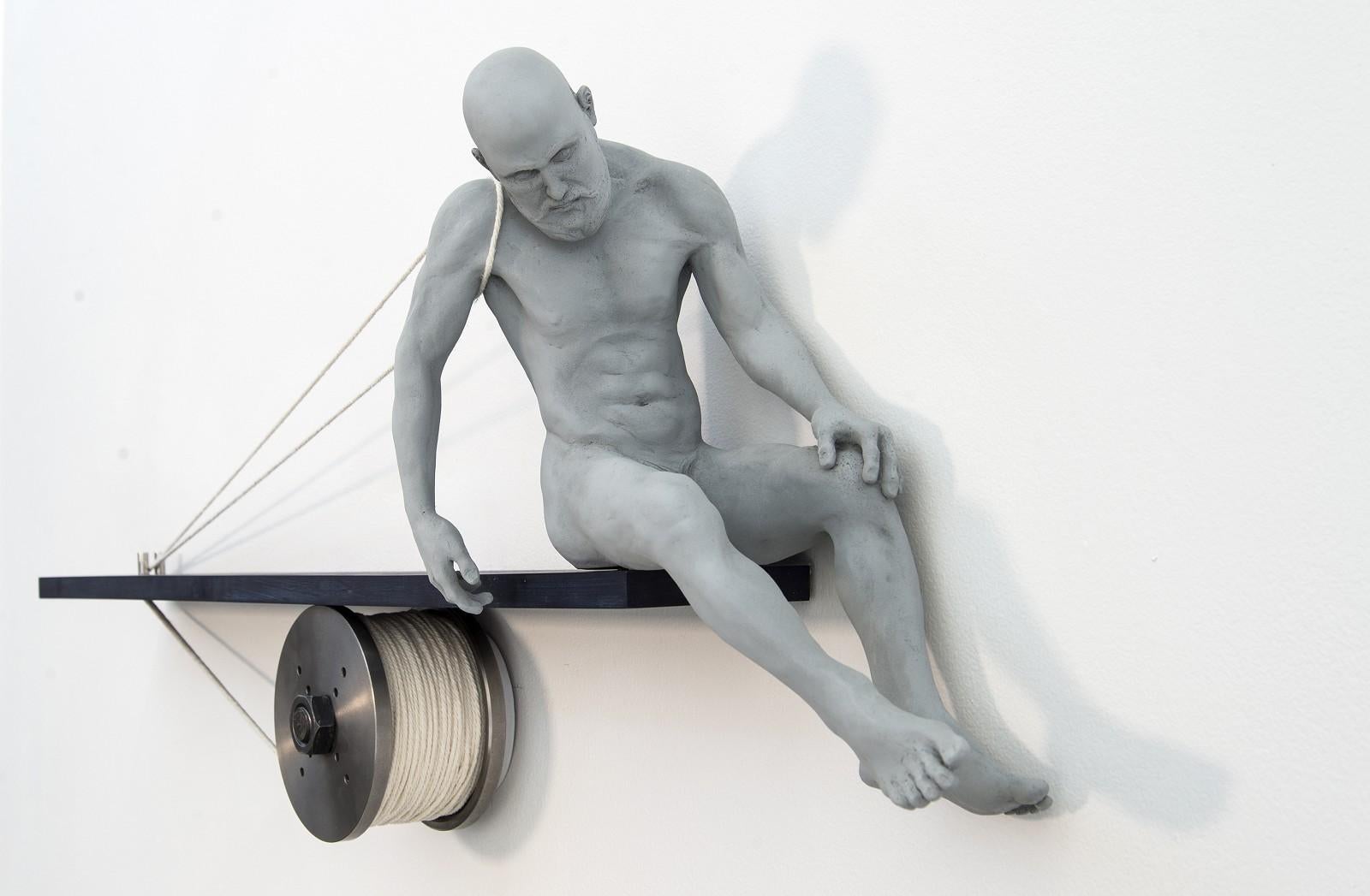 Tethered 1/9 - poised, male, nude, figure, mixed media, wall sculpture - Sculpture by W.W. Hung