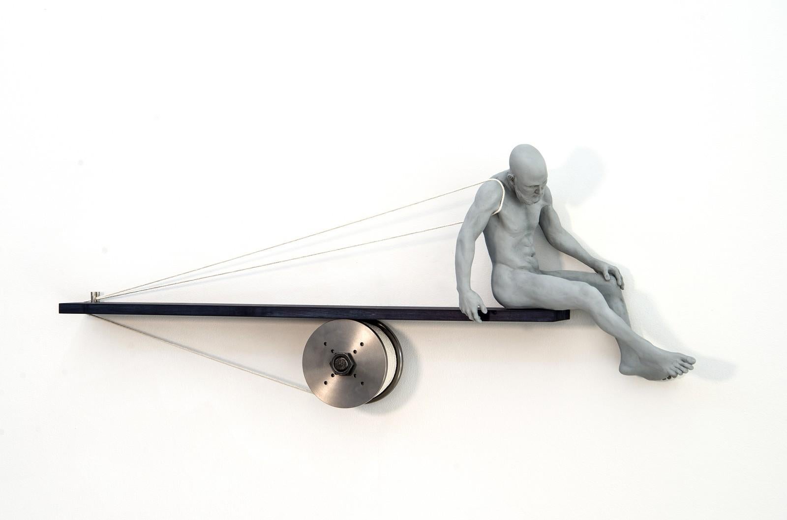 Tethered 1/9 - poised, male, nude, figure, mixed media, wall sculpture - Brown Figurative Sculpture by W.W. Hung