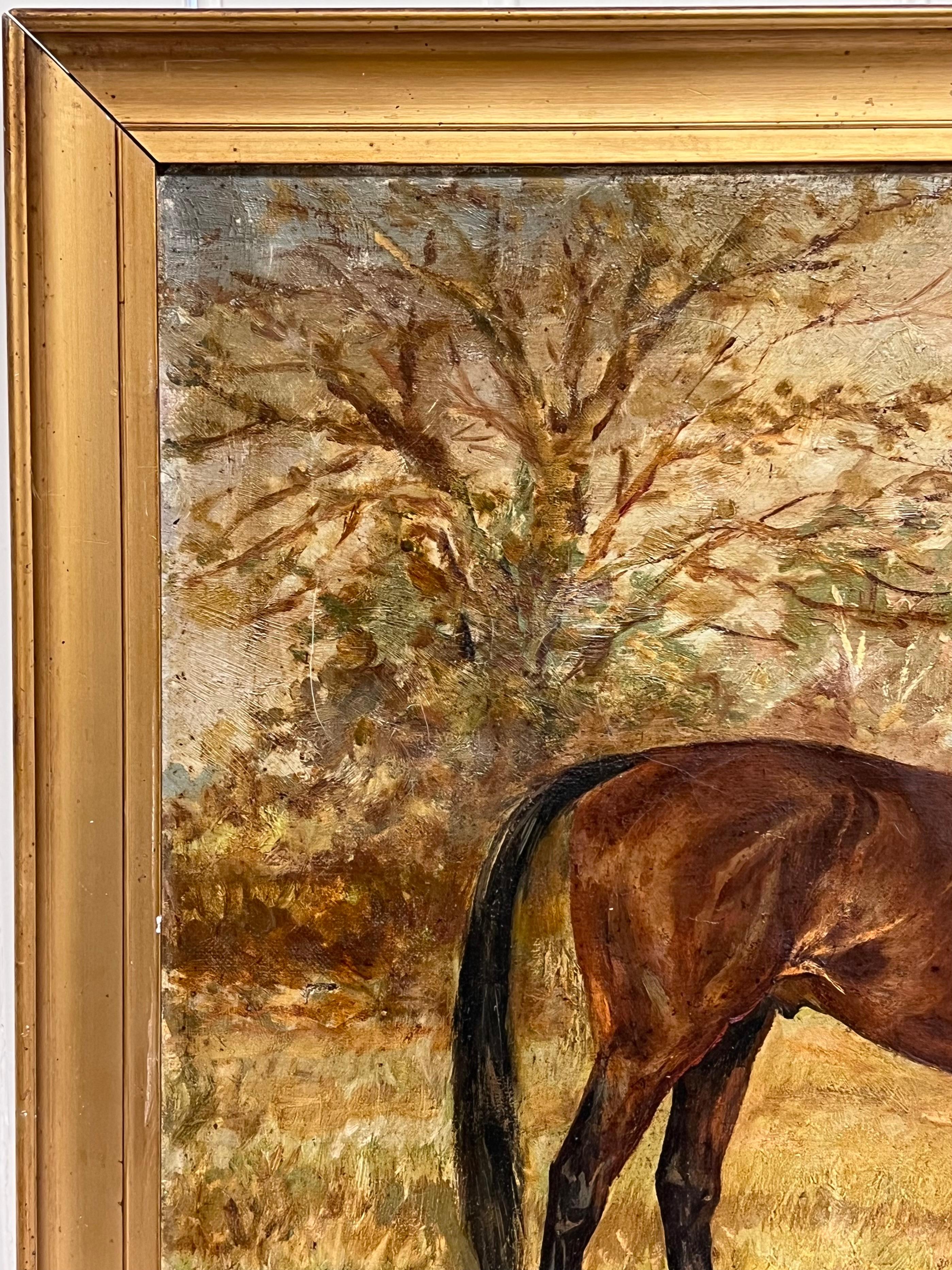 Antigua Pintura al Óleo de Arte Deportivo Inglés Retrato Ecuestre de Caballo en el Campo en venta 5
