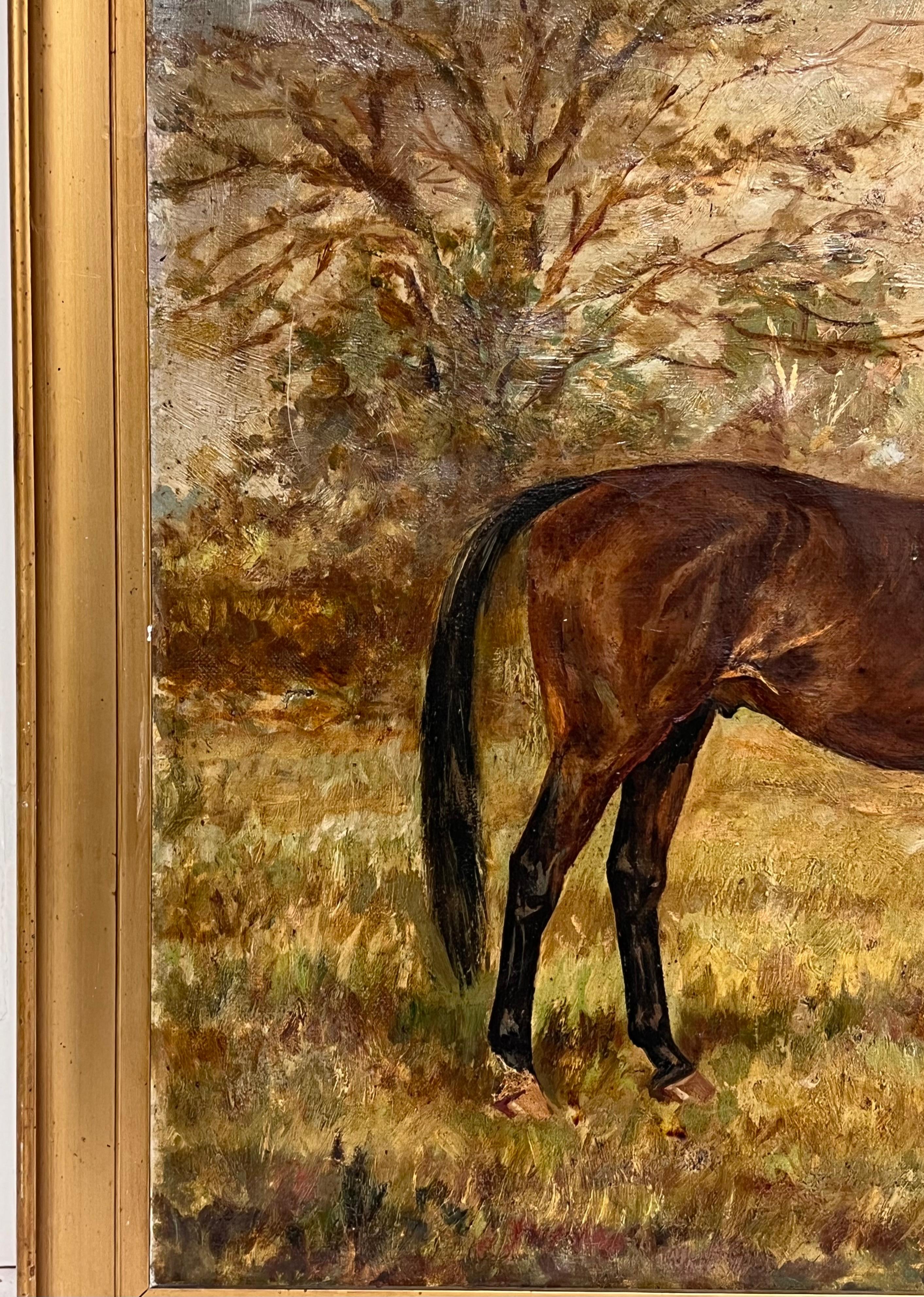 Antigua Pintura al Óleo de Arte Deportivo Inglés Retrato Ecuestre de Caballo en el Campo en venta 6