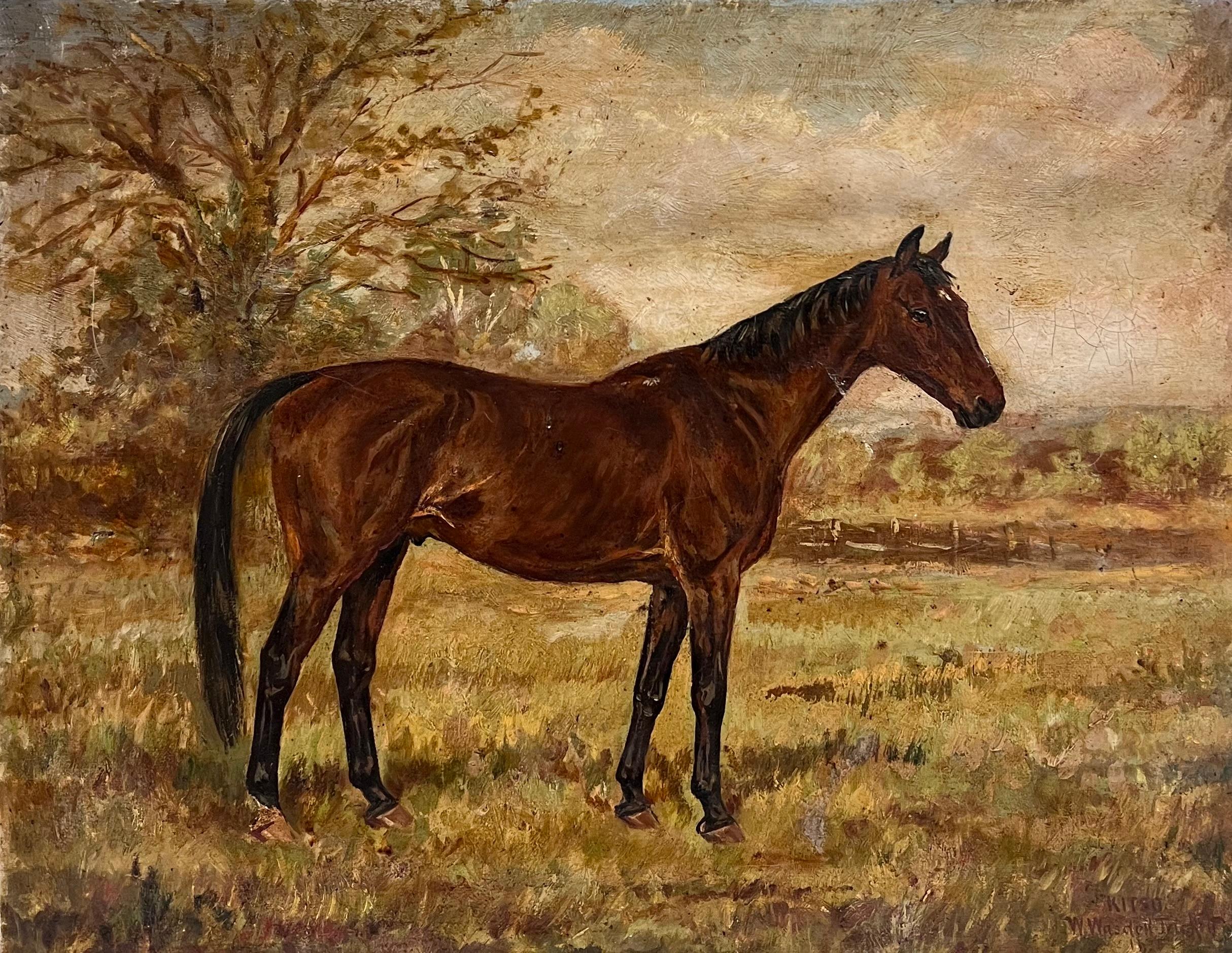 Antigua Pintura al Óleo de Arte Deportivo Inglés Retrato Ecuestre de Caballo en el Campo en venta 7