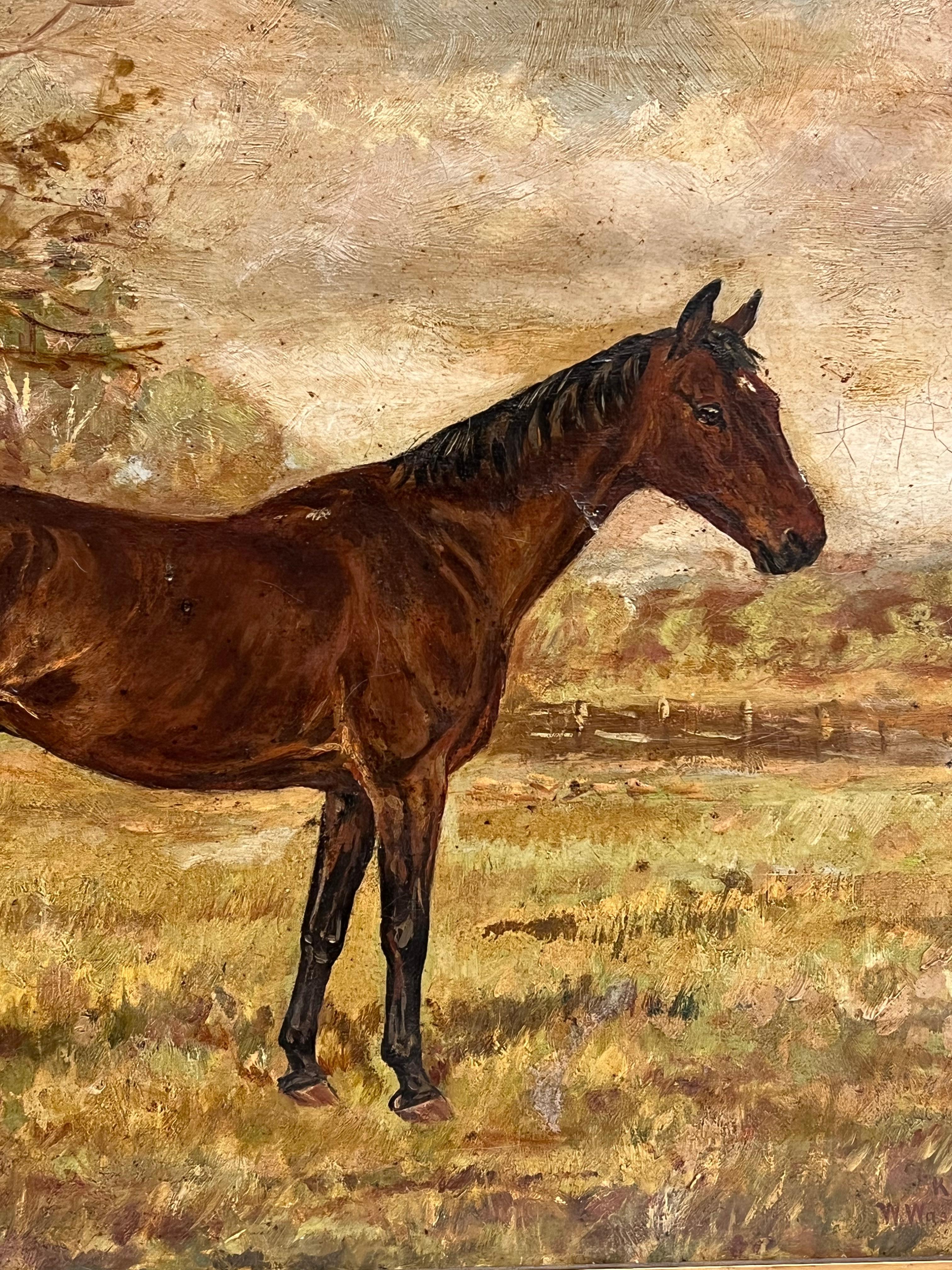 Antigua Pintura al Óleo de Arte Deportivo Inglés Retrato Ecuestre de Caballo en el Campo - Painting Escuela inglesa de W. Wasdell Trickett (British, late 19th/early 20th Century)