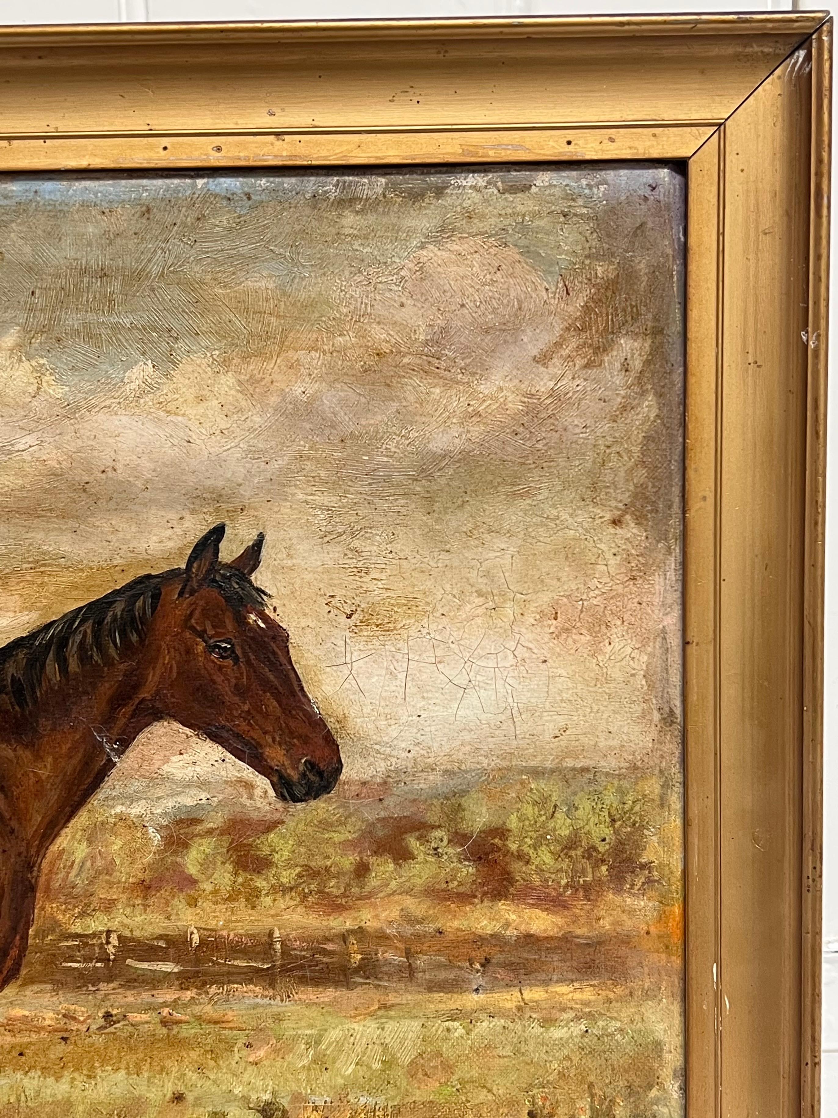 Antigua Pintura al Óleo de Arte Deportivo Inglés Retrato Ecuestre de Caballo en el Campo en venta 3