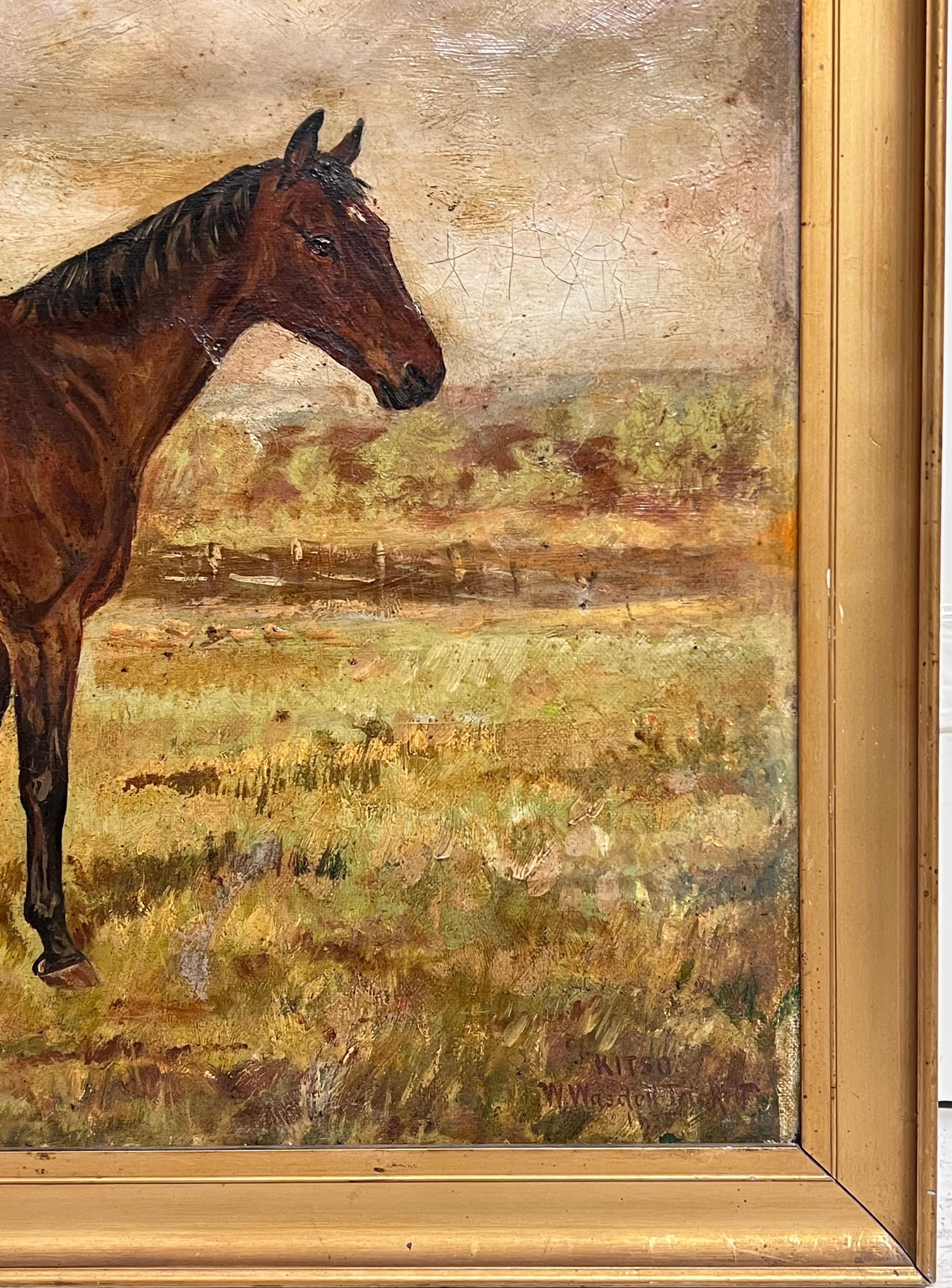 Antigua Pintura al Óleo de Arte Deportivo Inglés Retrato Ecuestre de Caballo en el Campo en venta 4