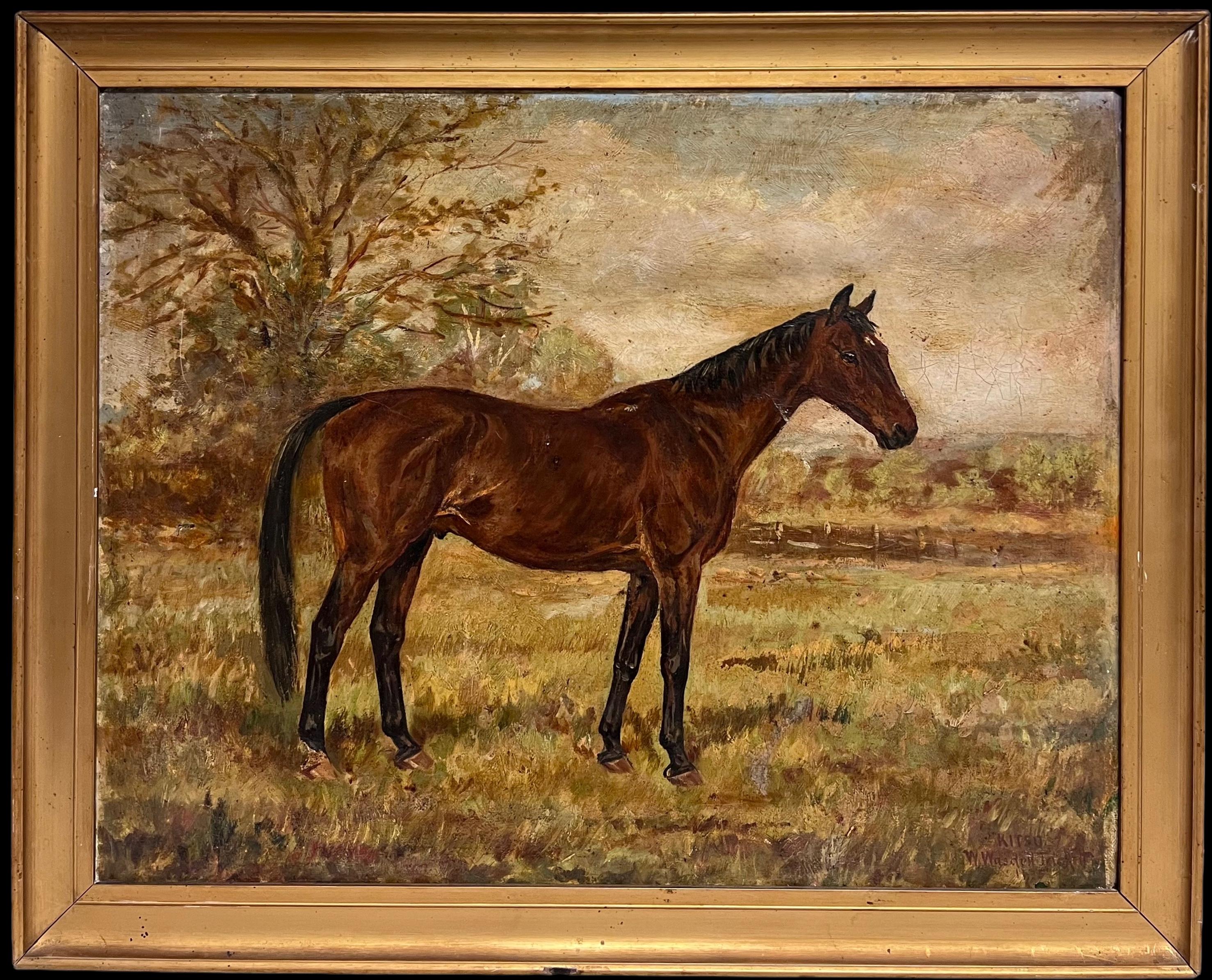 Antigua Pintura al Óleo de Arte Deportivo Inglés Retrato Ecuestre de Caballo en el Campo