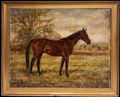 Antigua Pintura al Óleo de Arte Deportivo Inglés Retrato Ecuestre de Caballo en el Campo