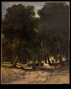 Fine 1830's English Oil Painting Cattle & Figures Strolling in the Summer Forest