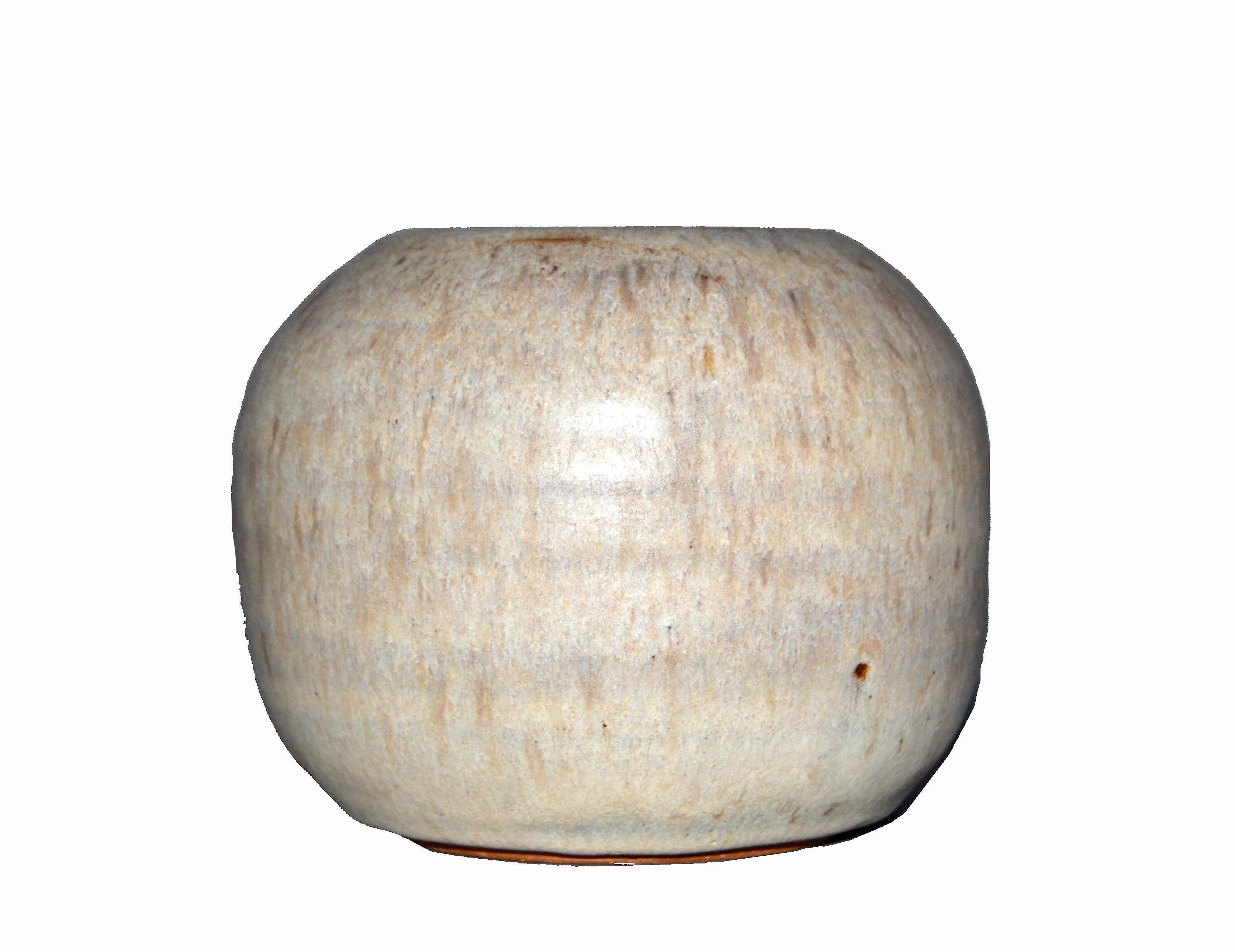American W. Young Mid-Century Modern Beige & Brown Pottery Earthenware Round Vase, Vessel