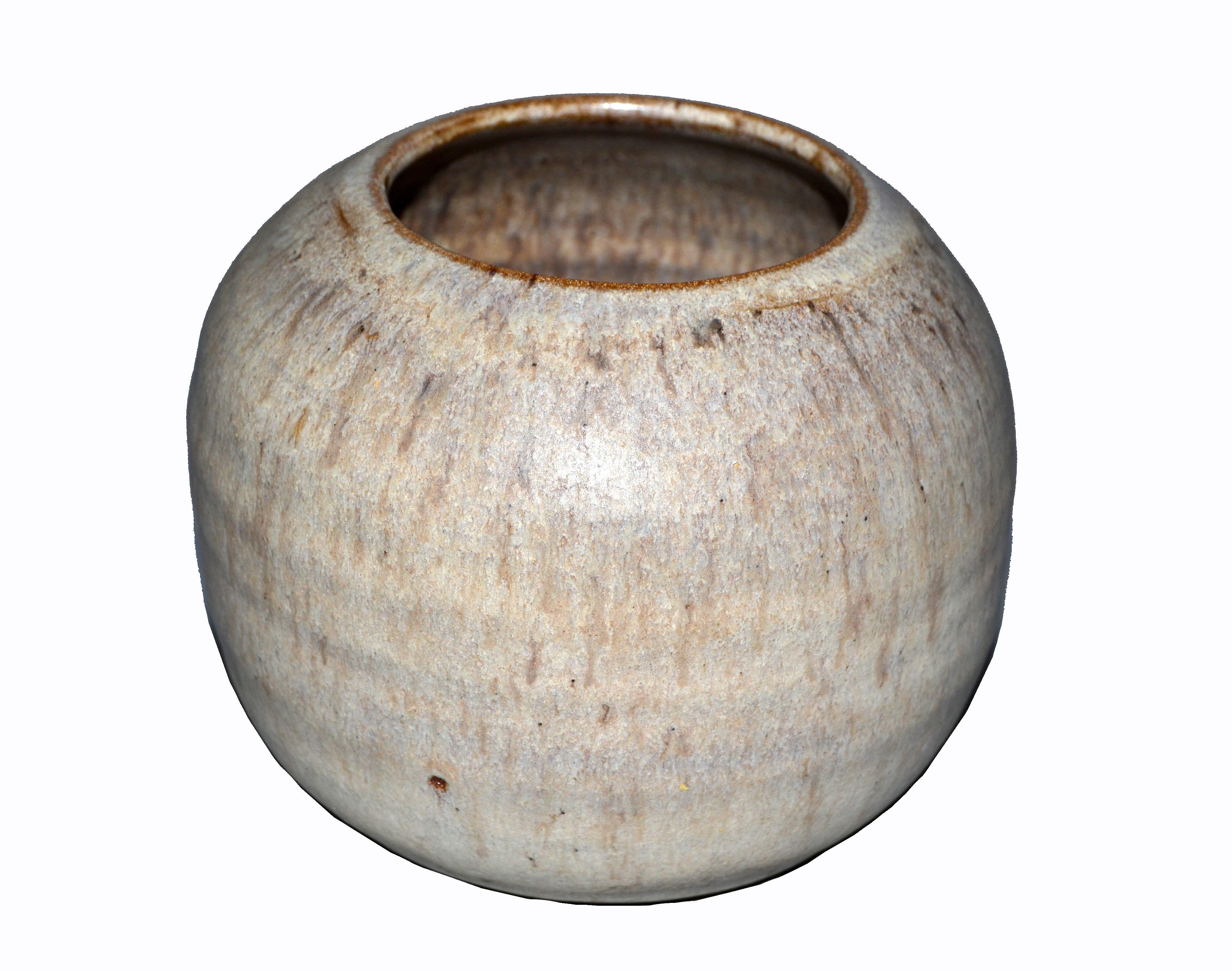 Hand-Crafted W. Young Mid-Century Modern Beige & Brown Pottery Earthenware Round Vase, Vessel