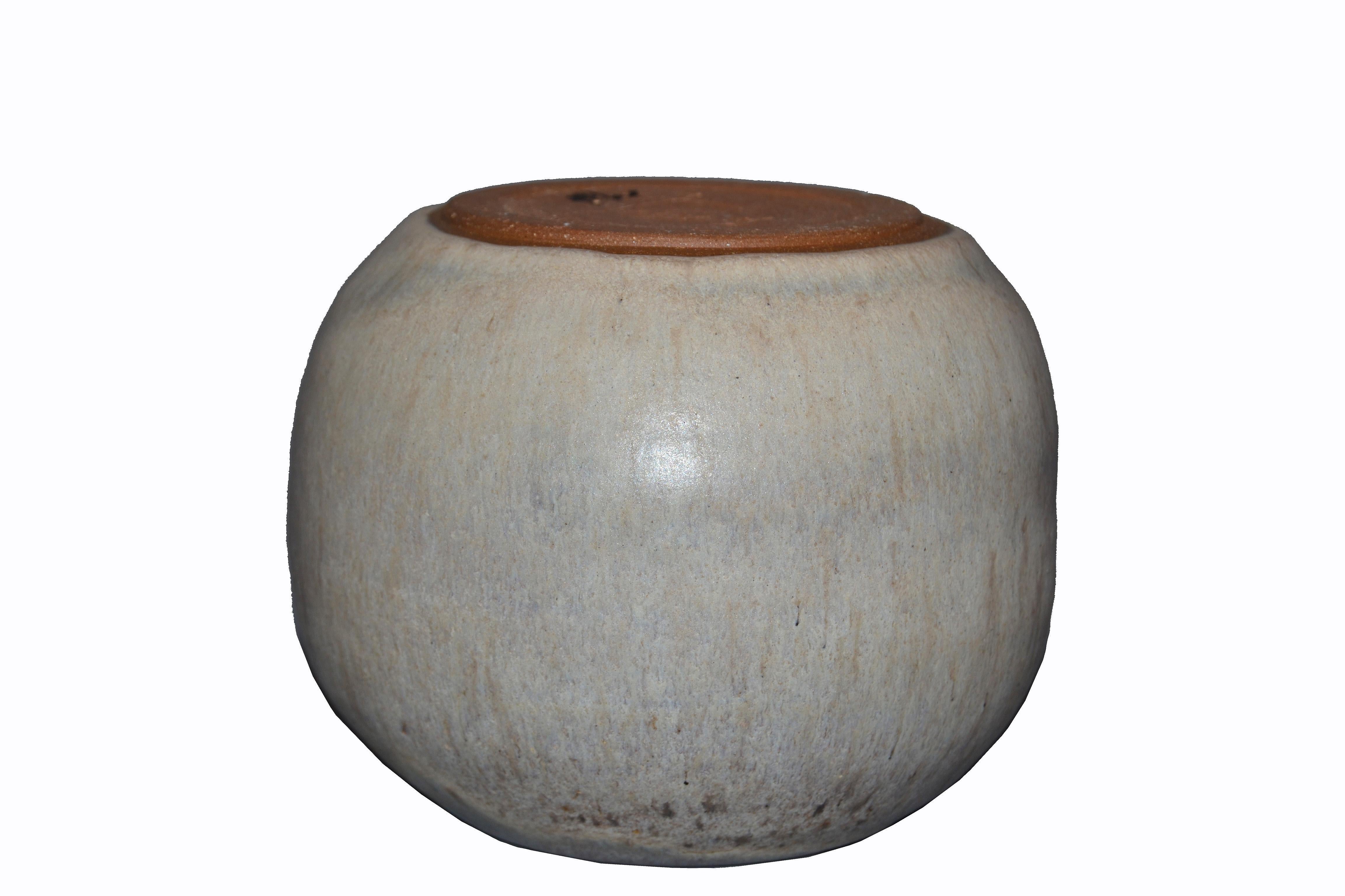 20th Century W. Young Mid-Century Modern Beige & Brown Pottery Earthenware Round Vase, Vessel