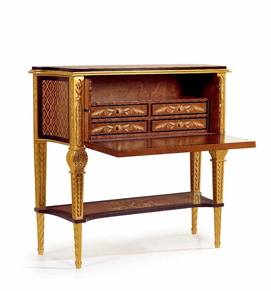 Elegant and exclusive secretaire with legs in solid wood finely hand carved and finished in antique gold, W015 is worked with ancient techniques of traditional craftsmanship and presents various examples of workmanship wisely carried out by master