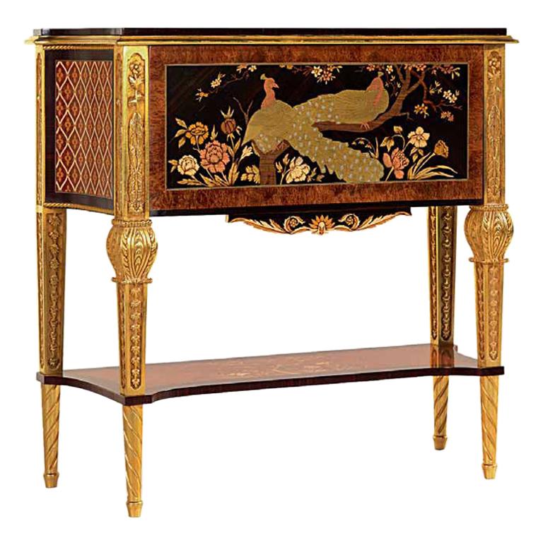 W015 Italian Secretaire in Wood & Inlay w/ Hand Carved Legs in Gold by Zanaboni For Sale