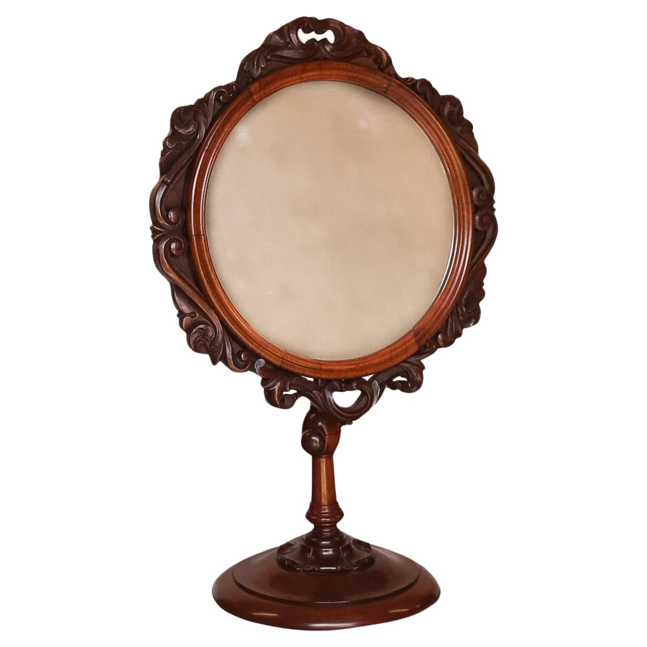 Specchio da toilette circolare regolabile d'epoca W1v in mogano in vendita