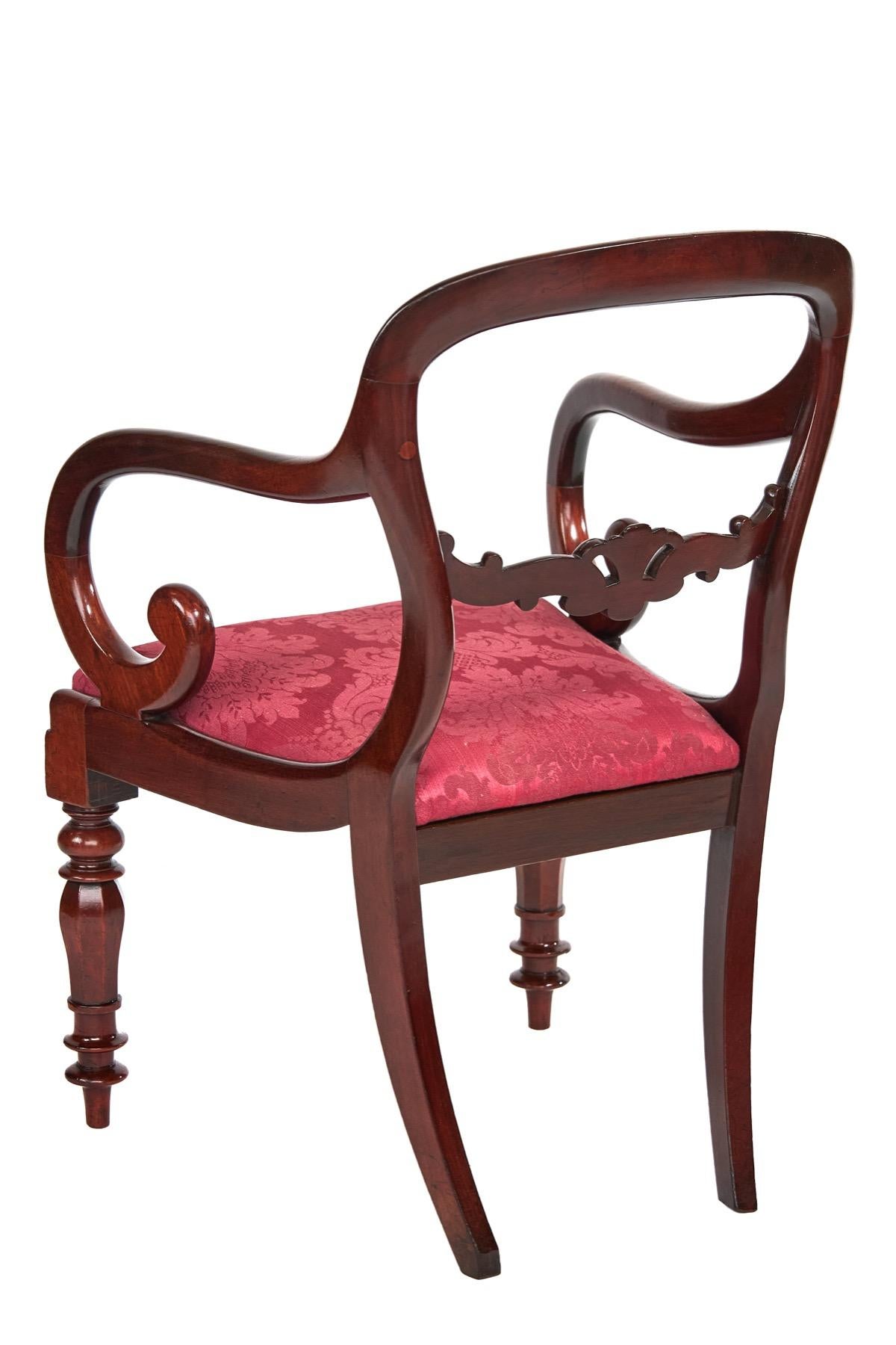 W1V Period mahogany desk elbow chair
BaIloon Shaped Back, 
Carved Back Splat,
Turned Hexagonal Shaped Front Legs,
Drop in seat,
Recently Polished
Seat Height: 45cm 
seat Width : 45cm
Seat Depth; 45cm.