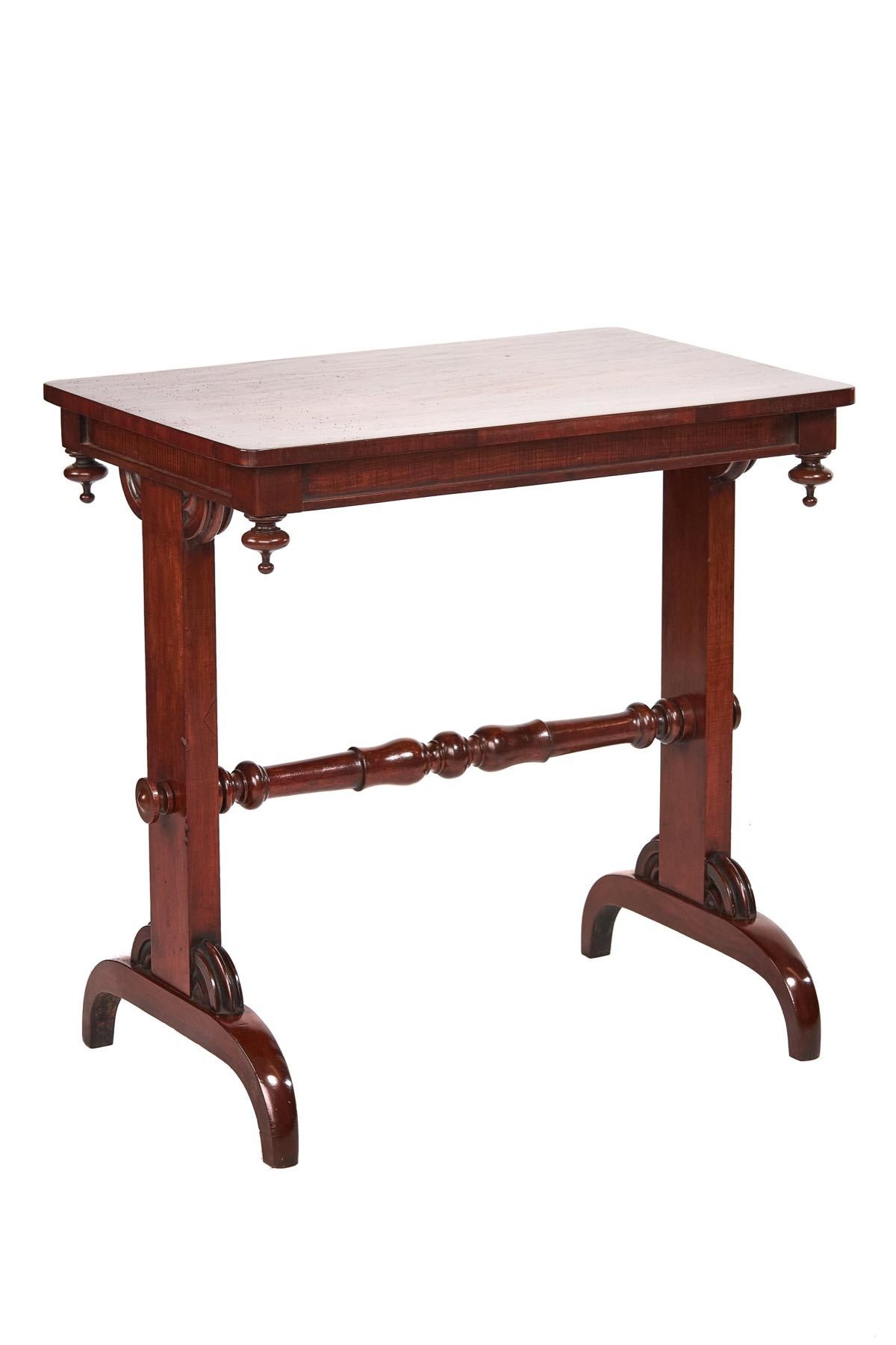 W1V Period Mahogany End Support Table,
Plain Mahogany top,
Inset Frieze with 4 turned finials, 
End Supports with carved mounts, 
Turned Mahogany Cross Stretcher, 
Sitting on Arch Shaped Legs
Recently Polished
Good Quality Timber

