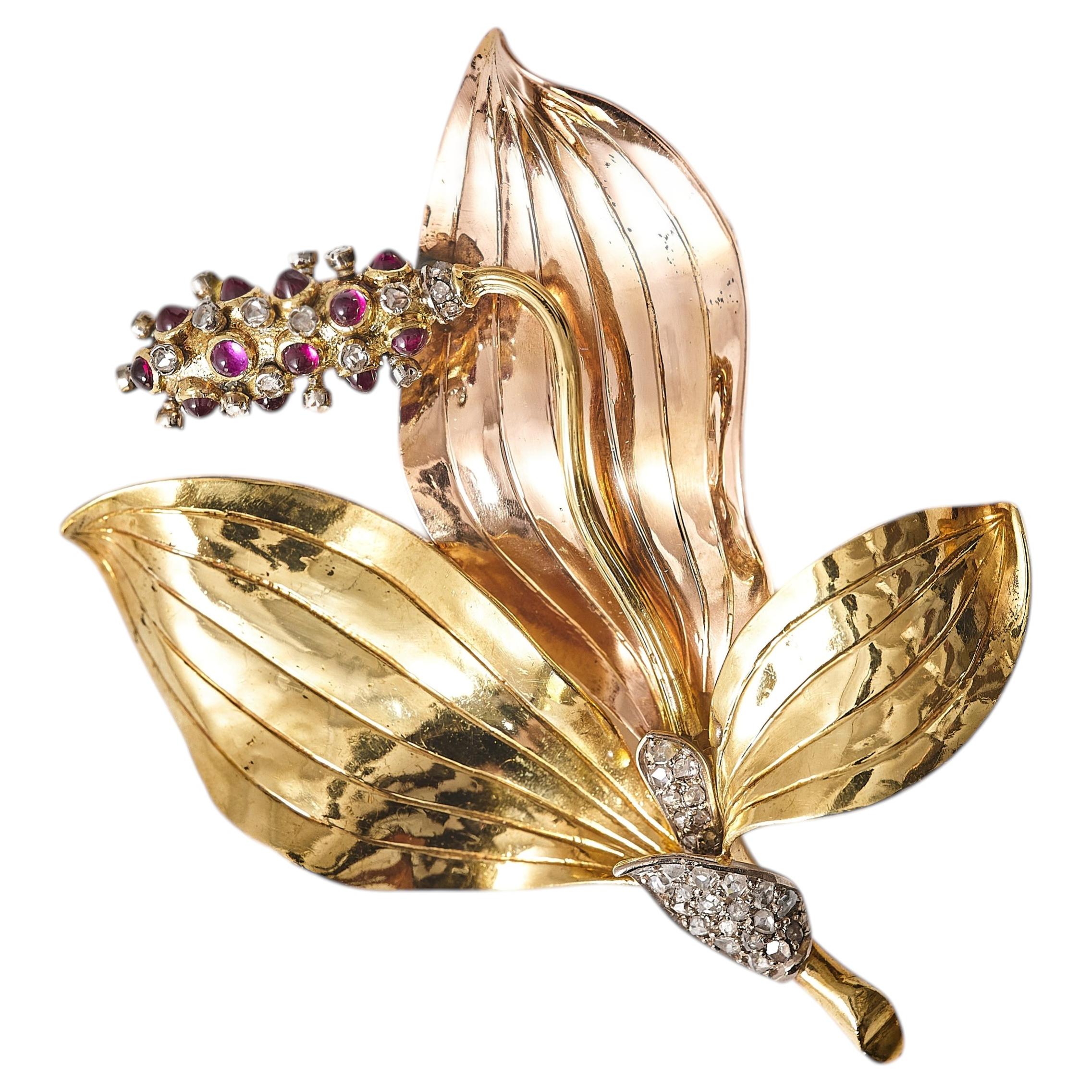W.A. BOLIN Broche florale en rubis et diamants 18k, Stockholm 1944