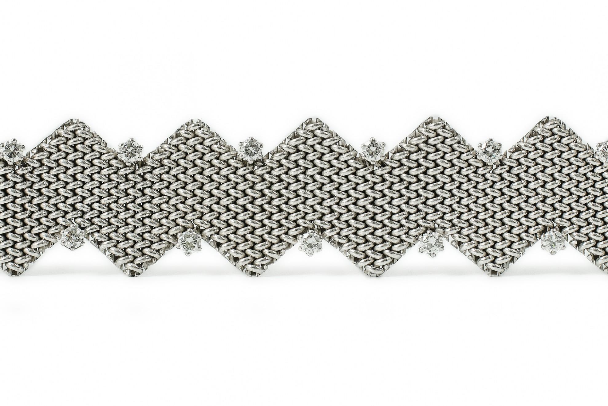 Brilliant Cut W.A. Bolin 1960s 18k white gold and diamond ‘zig-zag / chevron’ bracelet. For Sale