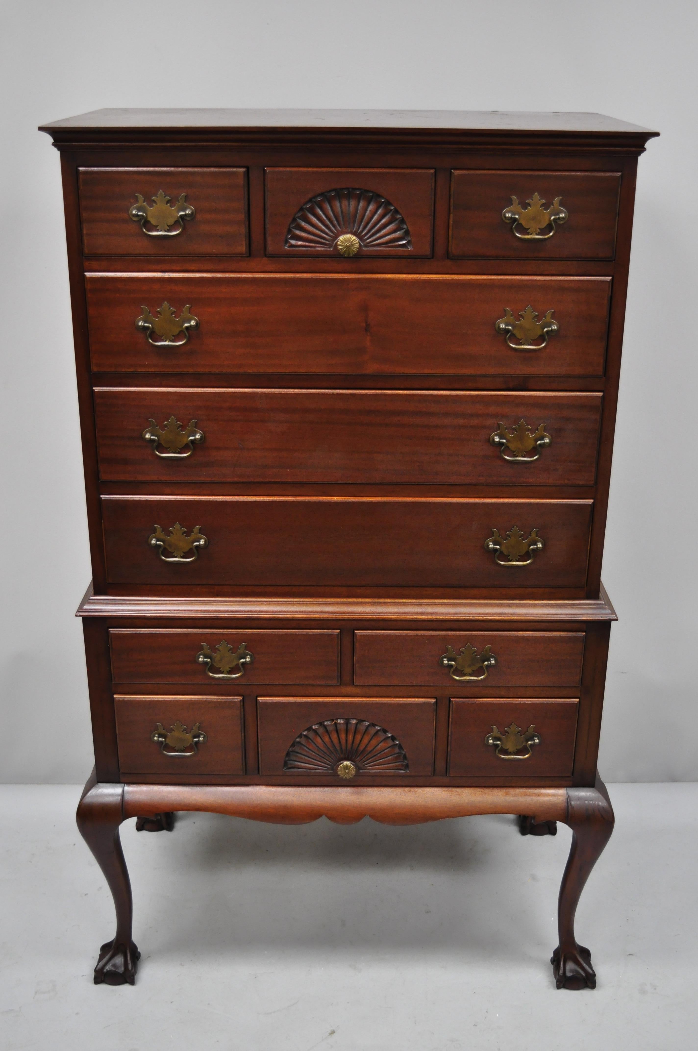 W.A. Hathaway mahogany ball and claw Chippendale style highboy tall chest dresser. Item features beautiful wood grain, original label, 11 dovetailed drawers, carved ball and claw feet, solid brass hardware, quality American craftsmanship, circa