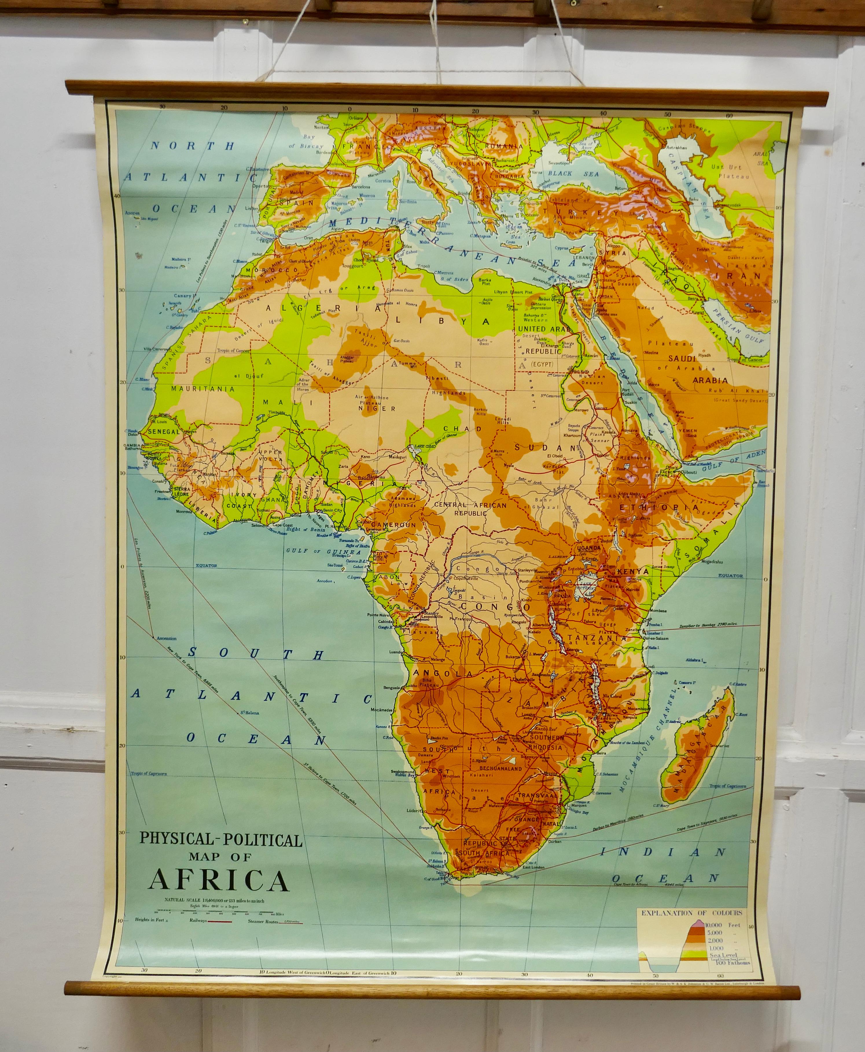 Large University chart “Africa Physical Political” by Bacon

W&A K Johnston’s charts of physical maps by G W Bacon,

This is a Physical Political map of Africa, it is lithograph set on Linen mounted on wooden rods, the chart is in very good