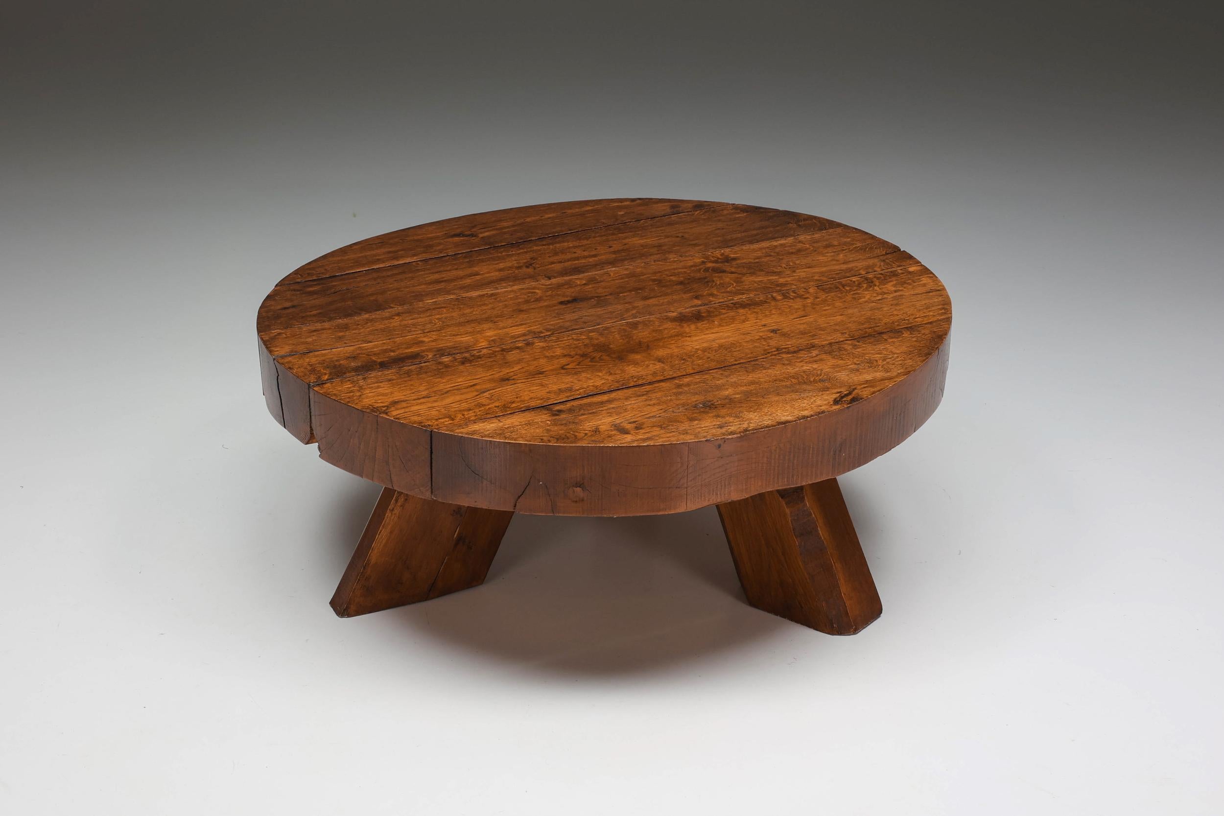 French Wab-Sabi Wooden Round Coffee Table, Mid-Century Modern, Rustic, 1950's